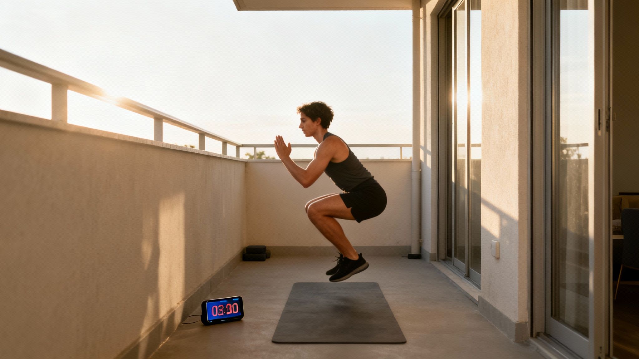 Young man doing a squat jump exercise on a balcony with a timer and fitness mat.