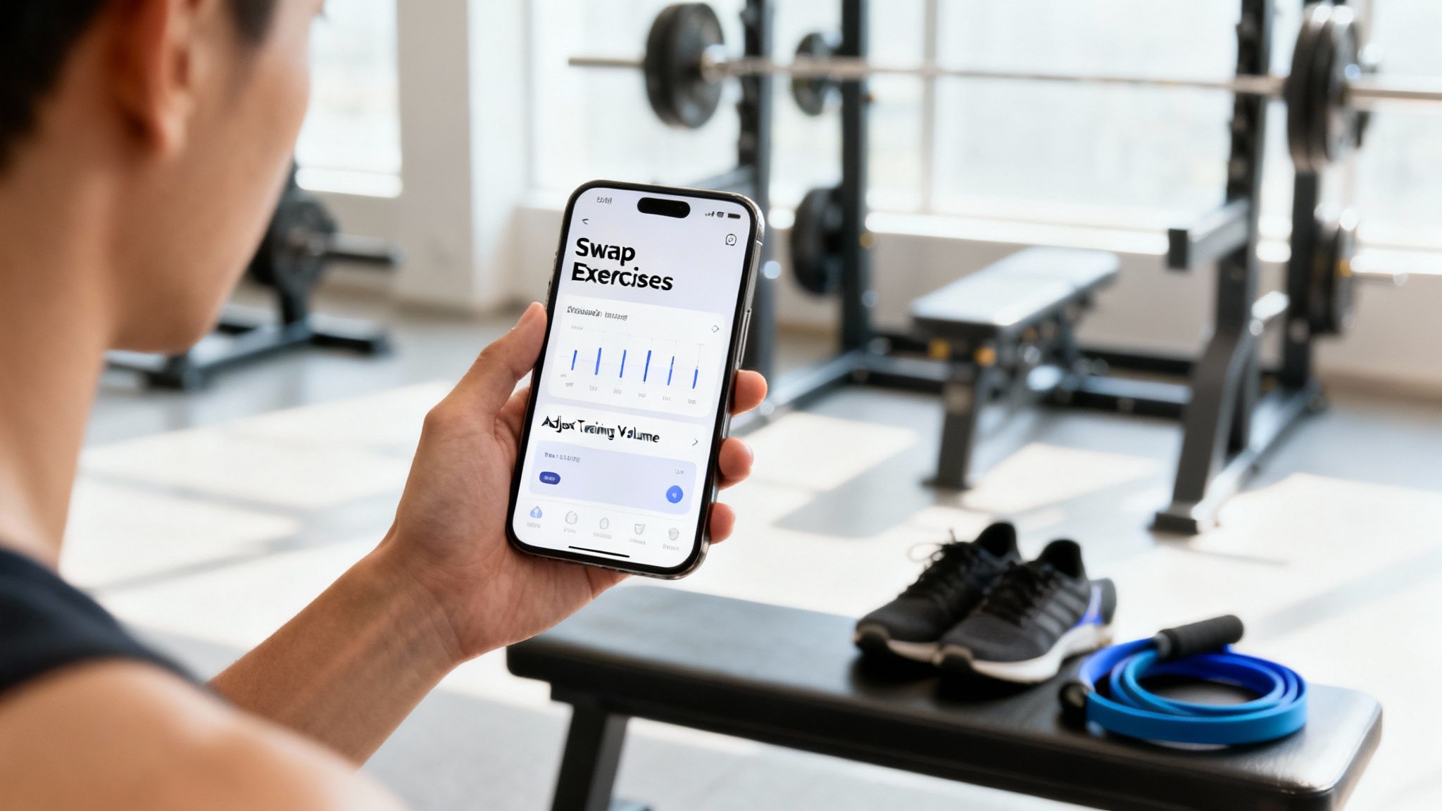 A person holds a smartphone displaying a fitness app in a modern gym setting.