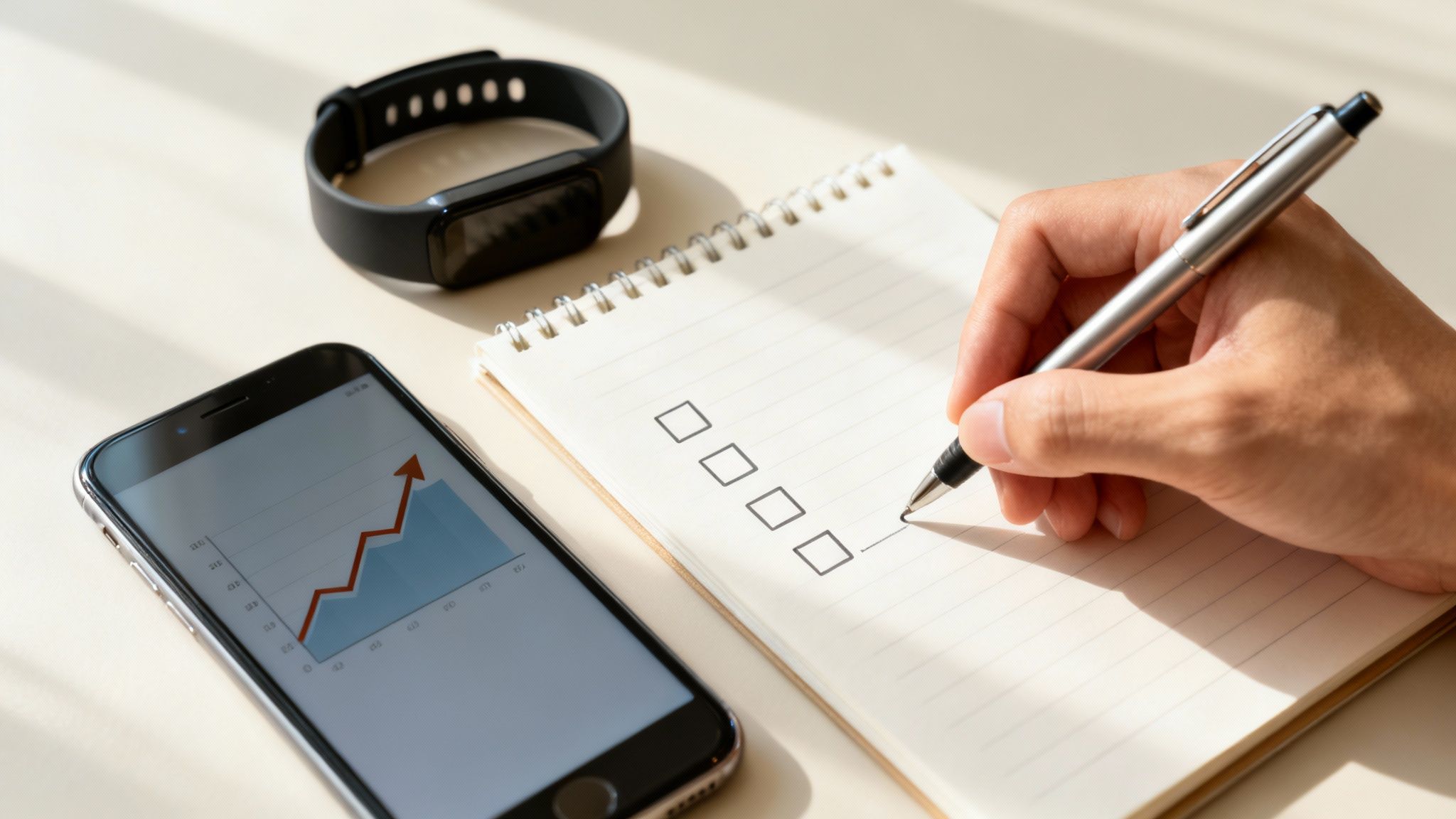 Hand writing a checklist in a notebook, with a smartphone displaying a rising graph and a fitness tracker nearby.