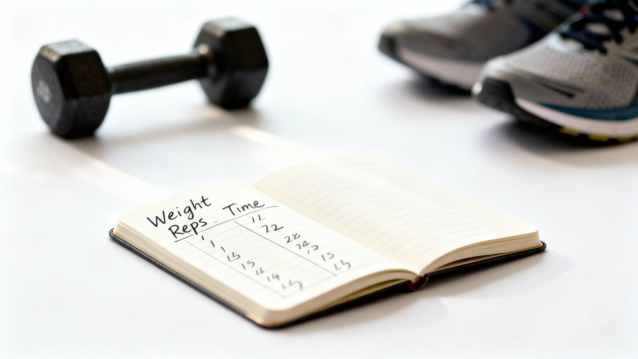 Fitness equipment and a journal with handwritten workout log showing weight, reps, and time.