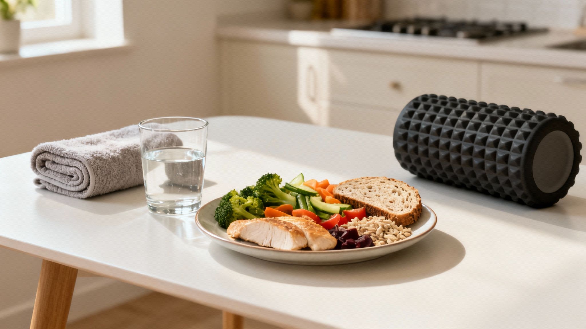 A healthy meal with chicken, vegetables, and bread, a glass of water, towel, and foam roller on a table.