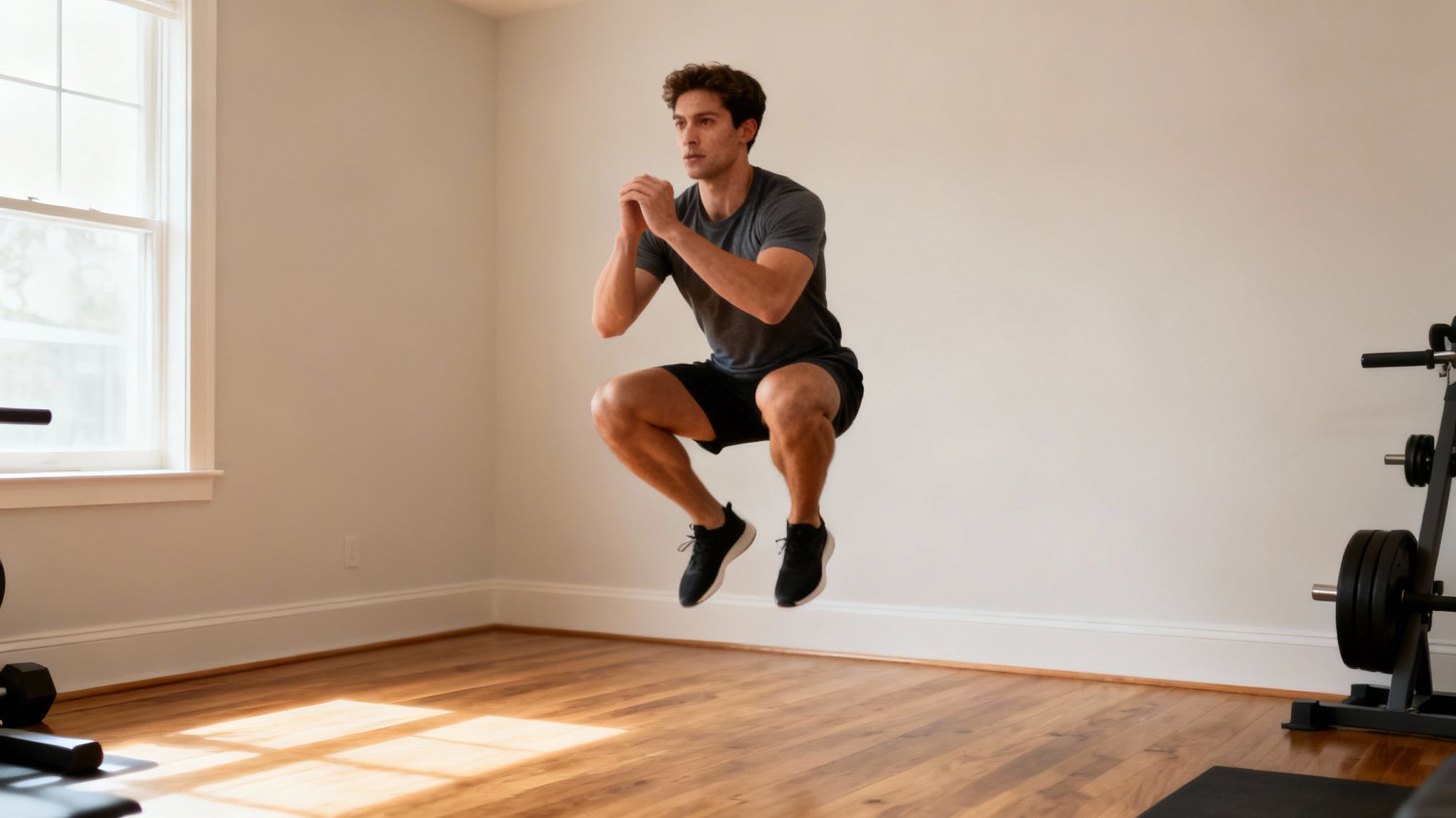 A fit man in athletic wear performs a jump squat in a home gym setting.