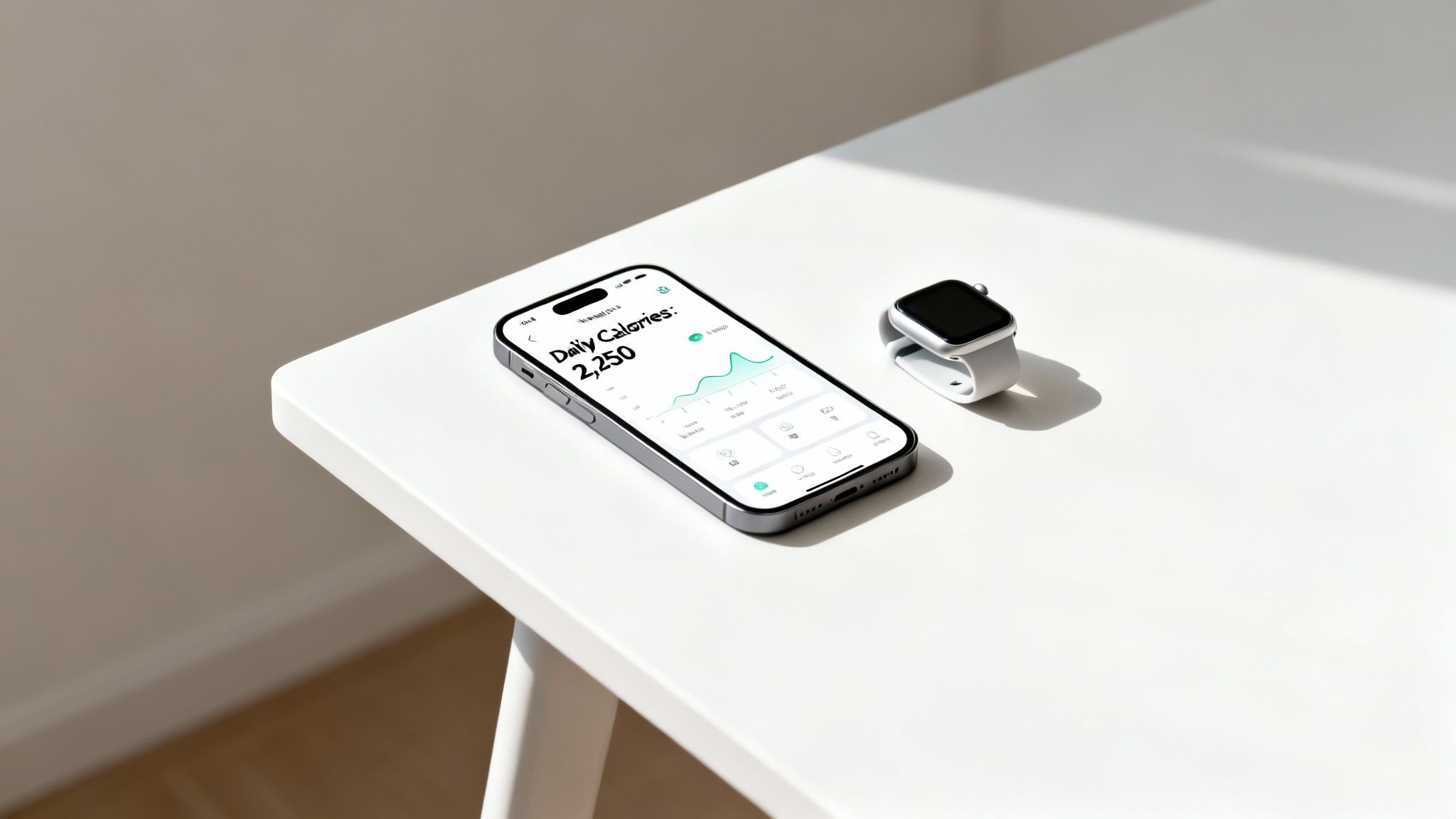 An iPhone showing a calorie tracking app and an Apple Watch on a clean white table.