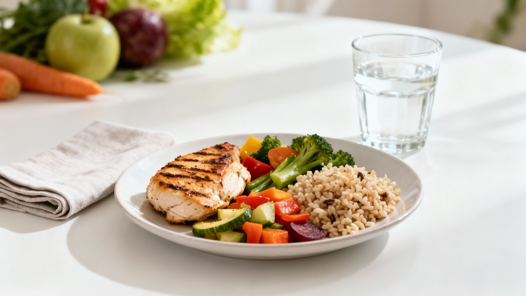 A healthy plate with grilled chicken breast, brown rice, and colorful steamed vegetables with a glass of water.