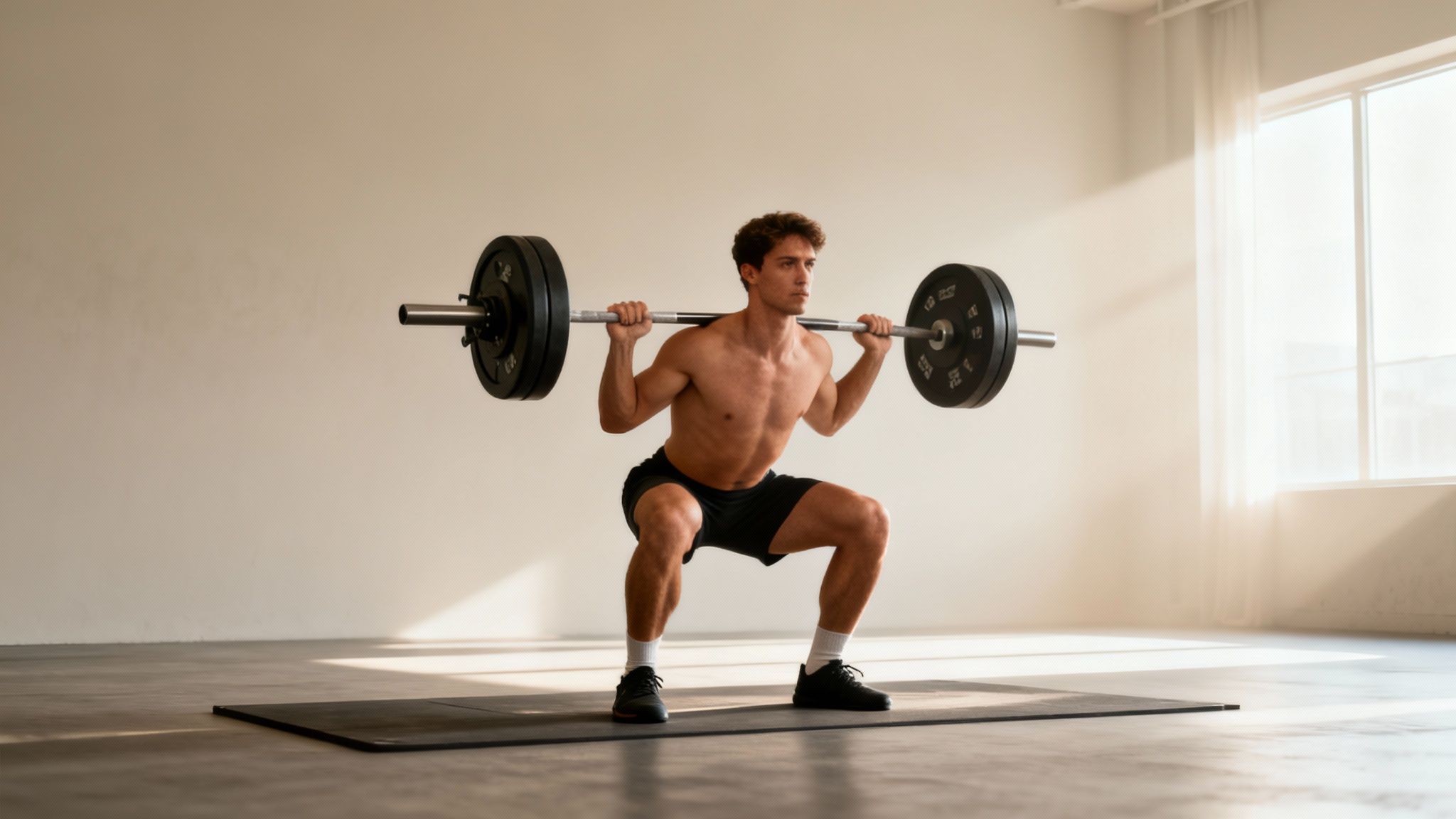 Shirtless man performing a barbell squat with heavy weights on a mat in a bright gym.