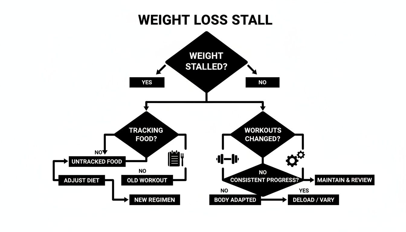 Flowchart illustrating strategies to overcome a weight loss stall, focusing on diet and workout adjustments.