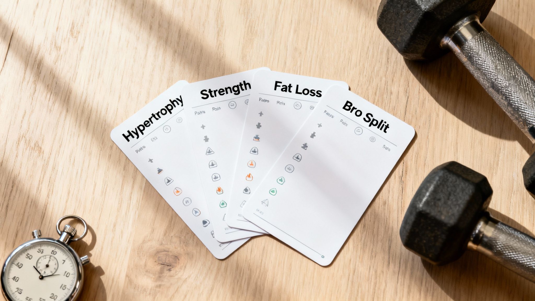 Four fitness workout cards titled Hypertrophy, Strength, Fat Loss, and Bro Split on a wooden surface with dumbbells and a stopwatch.