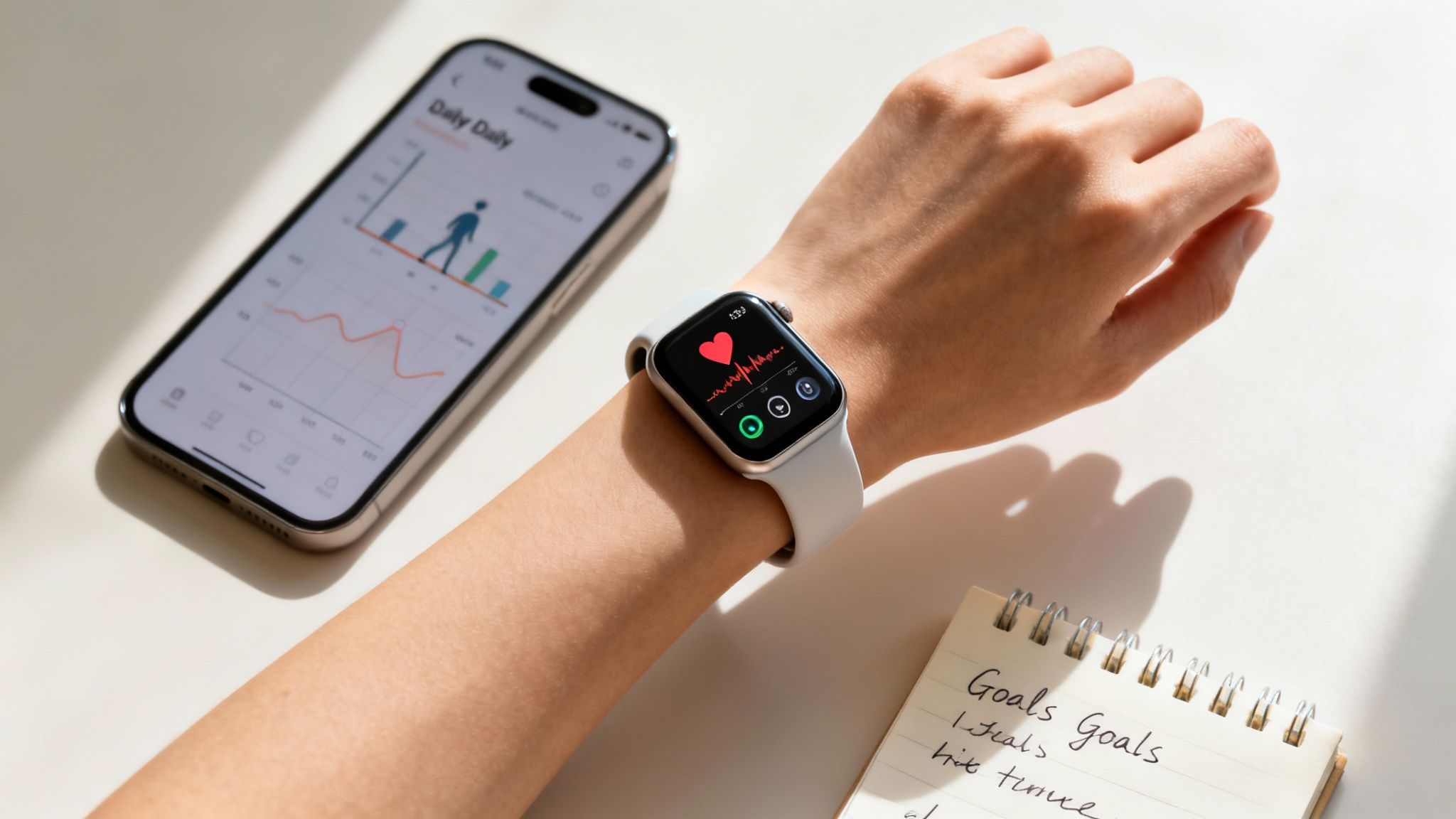 A person wears a smartwatch displaying heart rate, next to a smartphone with a fitness app and a goals notebook.