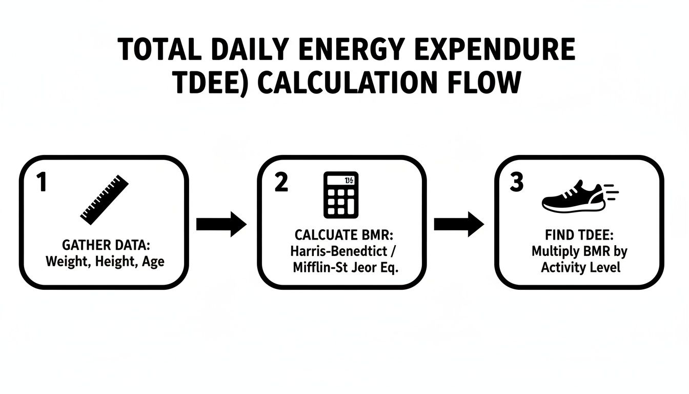 Flowchart illustrating the three-step process for Total Daily Energy Expenditure (TDEE) calculation.