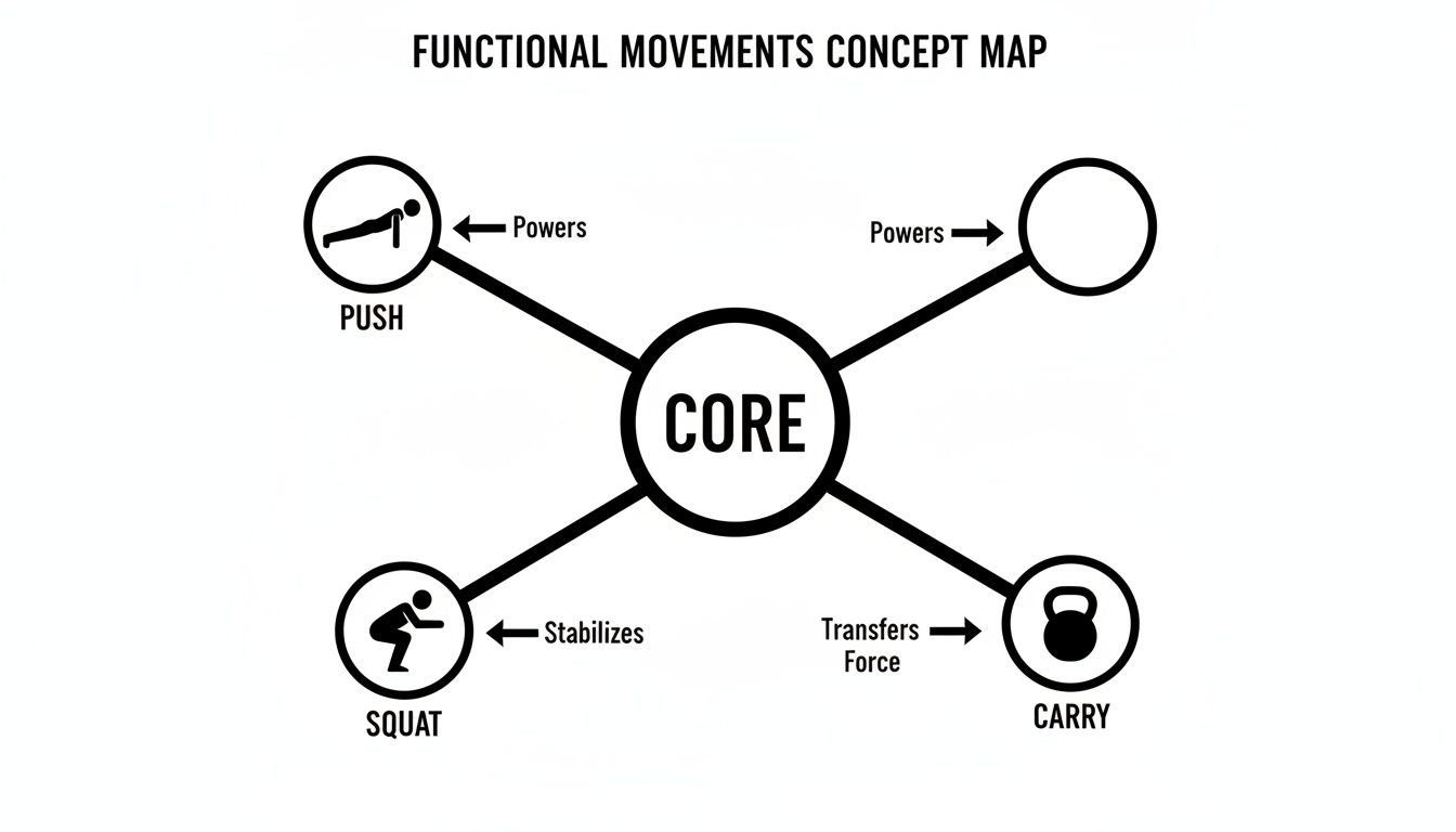 A functional movements concept map showing CORE at the center, connected to PUSH, SQUAT, and CARRY movements.