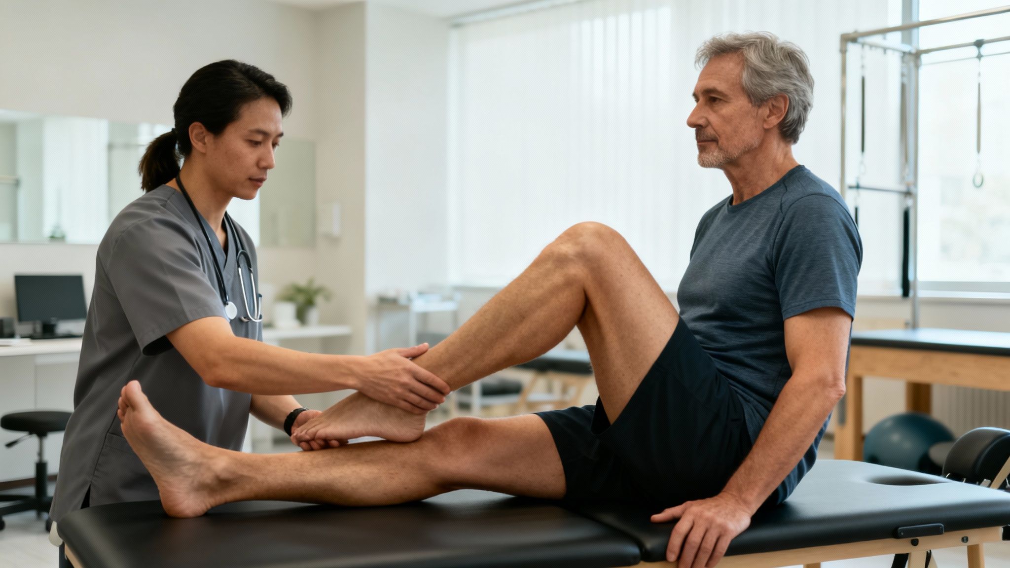 Male physical therapist assists an elderly man with leg exercises on an examination table.