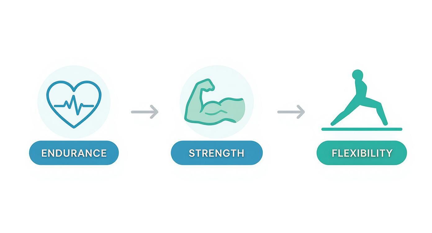 Infographic illustrating the three core fitness components: endurance (heart), strength (bicep), and flexibility (yoga pose).