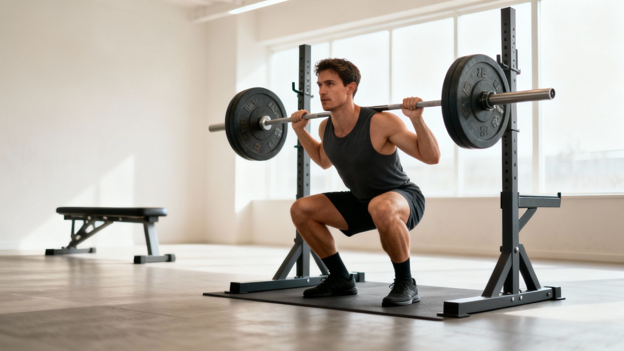 A fit man performs a barbell back squat in a bright, modern gym environment.