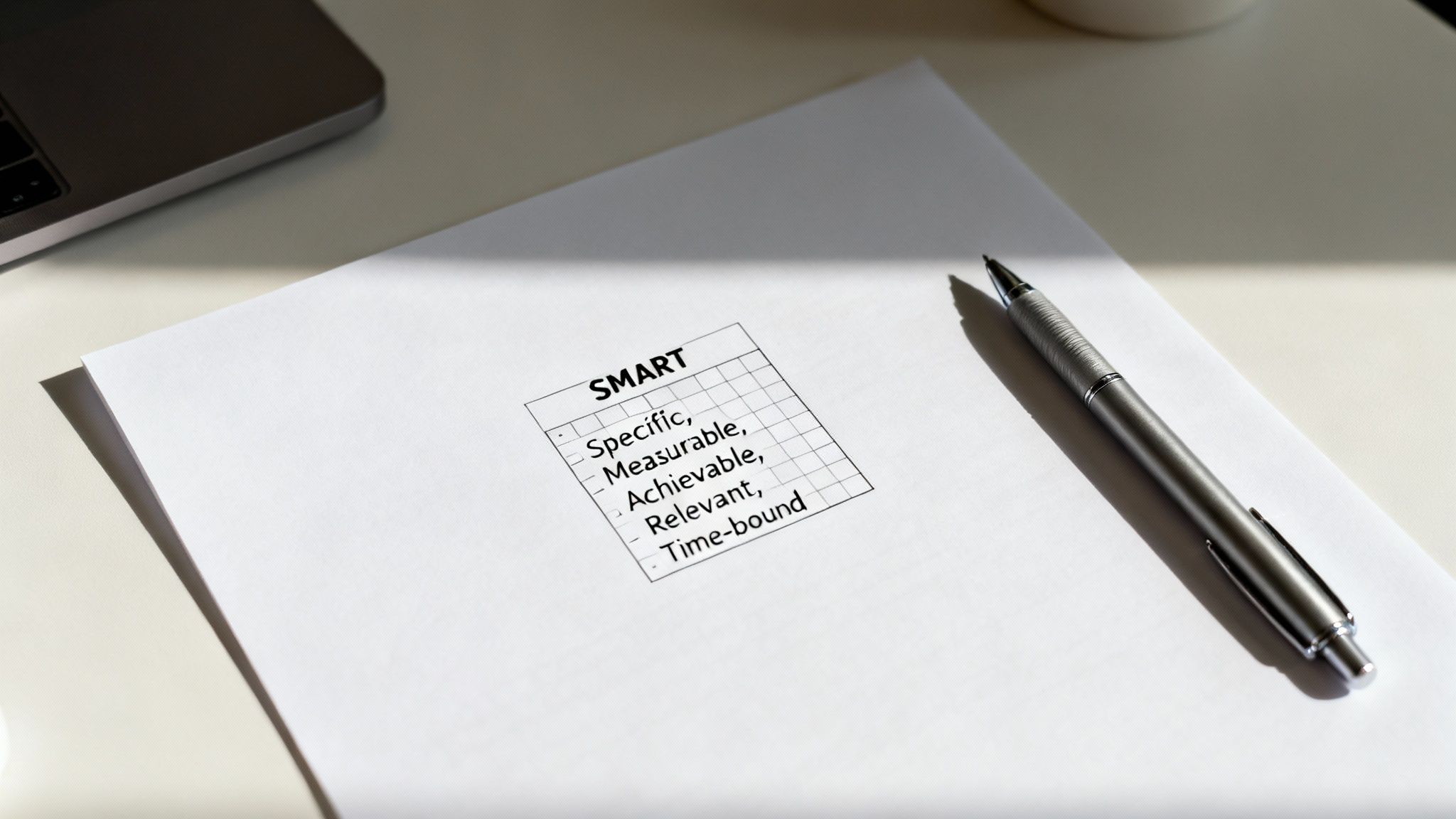 Overhead view of a SMART goals checklist on paper next to a pen and laptop.
