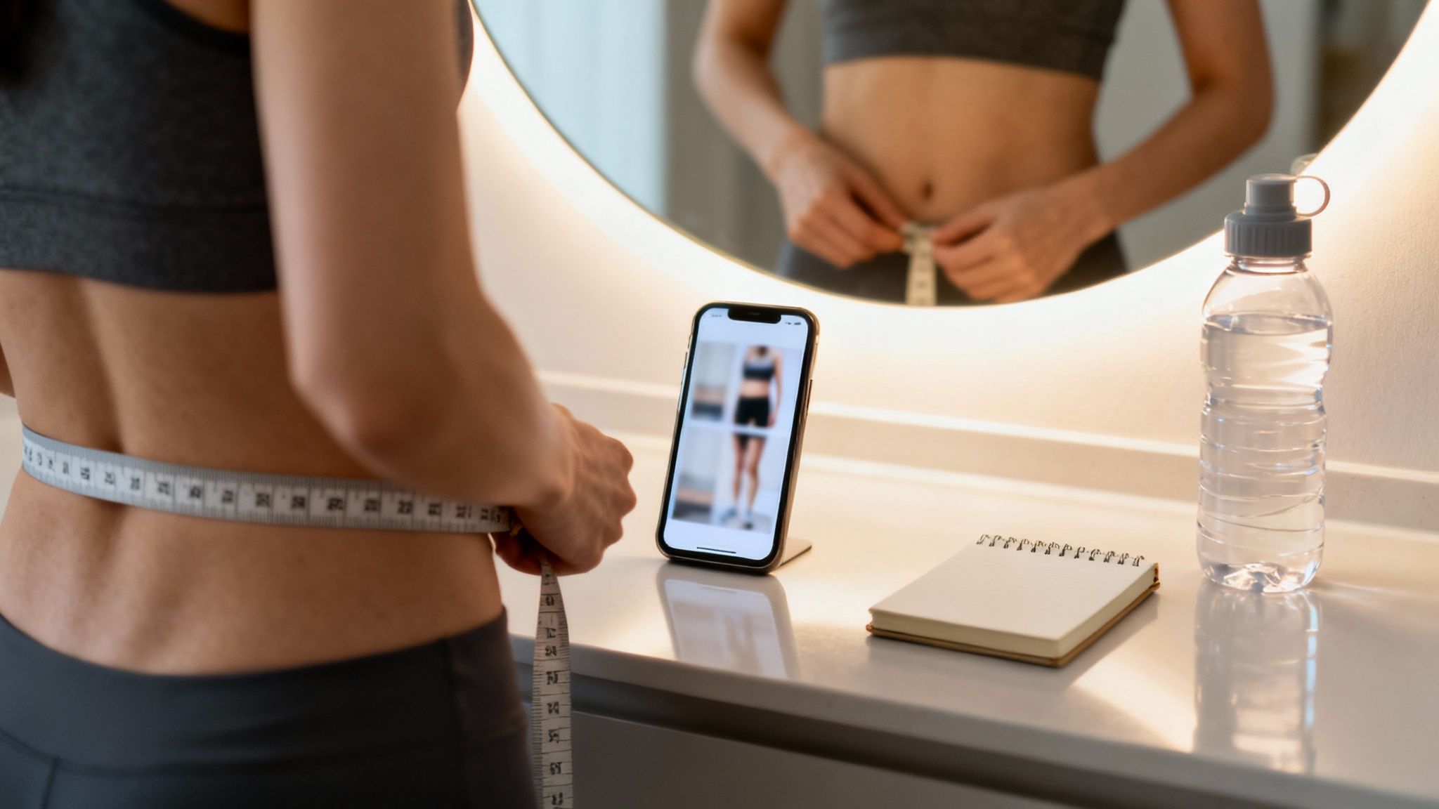 Woman measuring her waist with a tape measure, tracking weight loss progress with a phone app.
