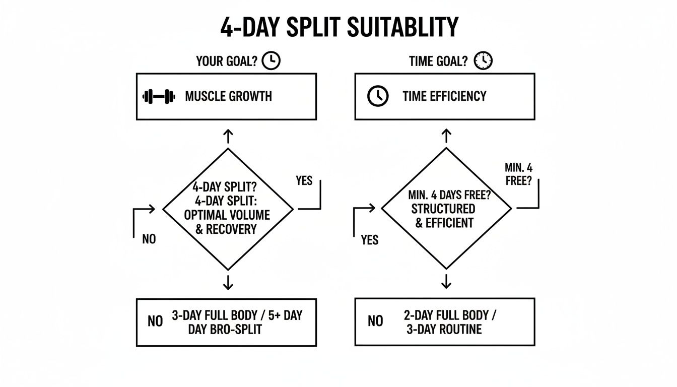 Flowchart determining the suitability of a 4-day workout split for muscle growth or time efficiency goals.