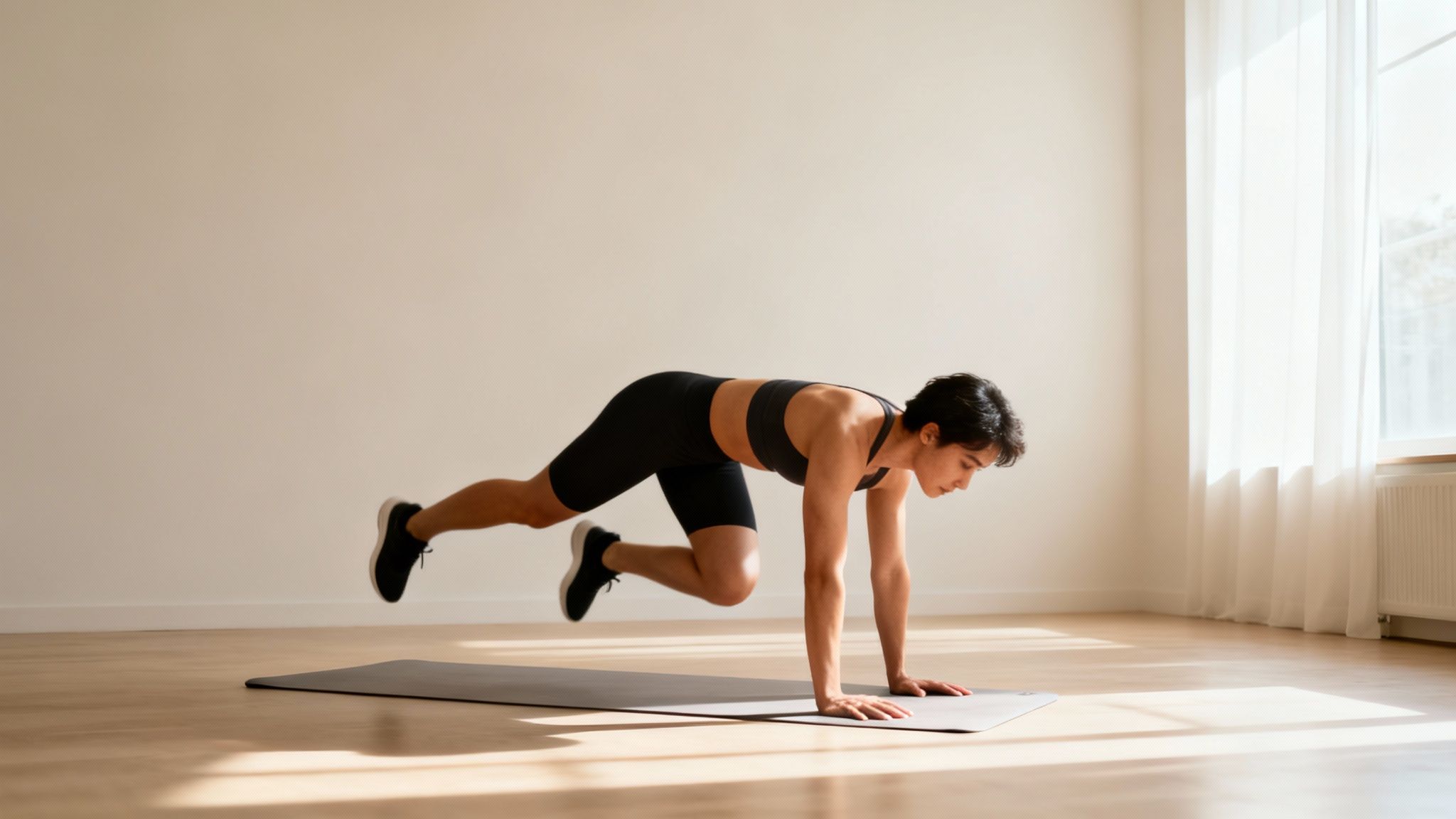 A woman in black activewear performs mountain climbers on a yoga mat in a bright room.