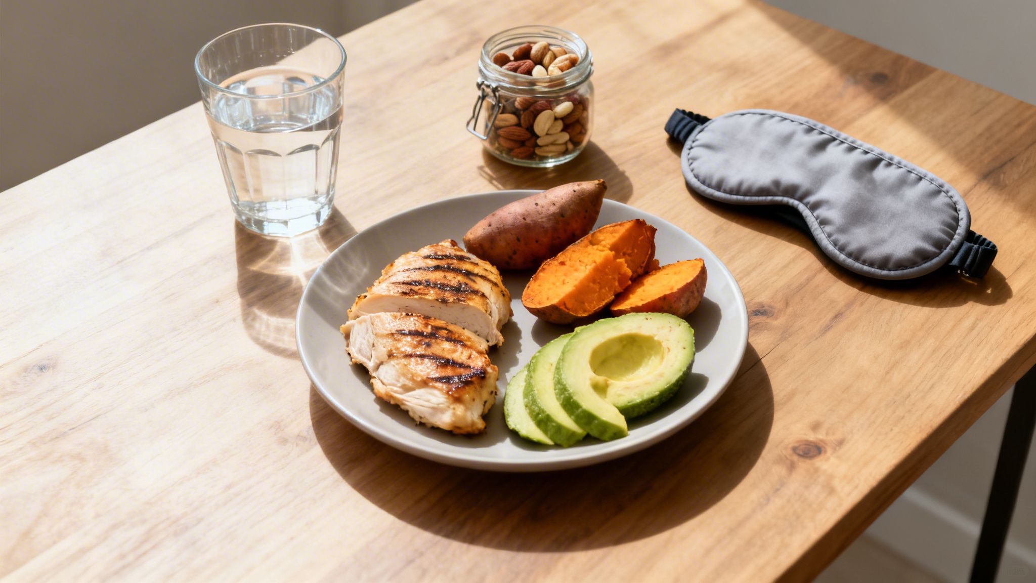 A balanced meal with grilled chicken, sweet potatoes, avocado, water, nuts, and a sleep mask on a wooden table.