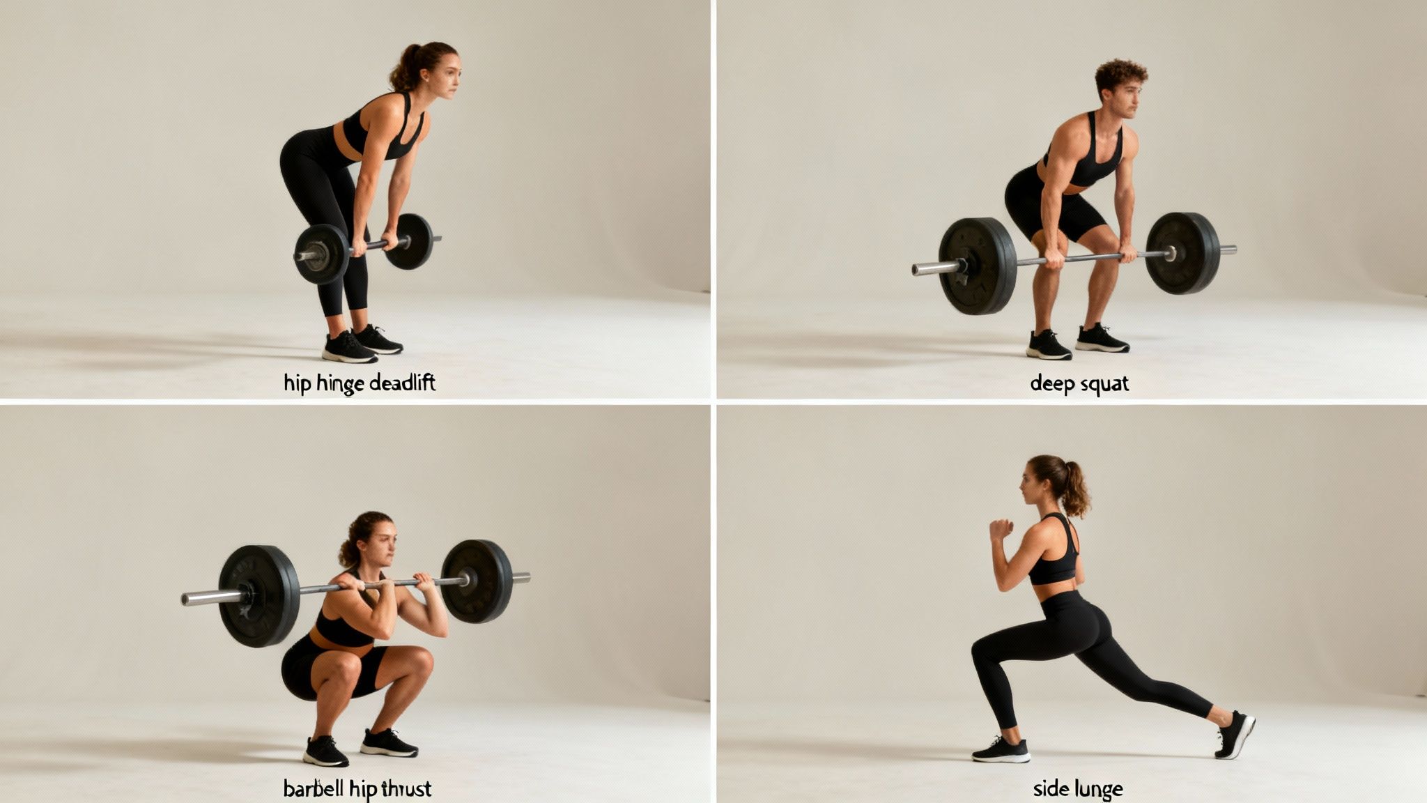 Four panels showing various lower body strength training exercises like deadlifts, squats, lunges, and hip thrusts.