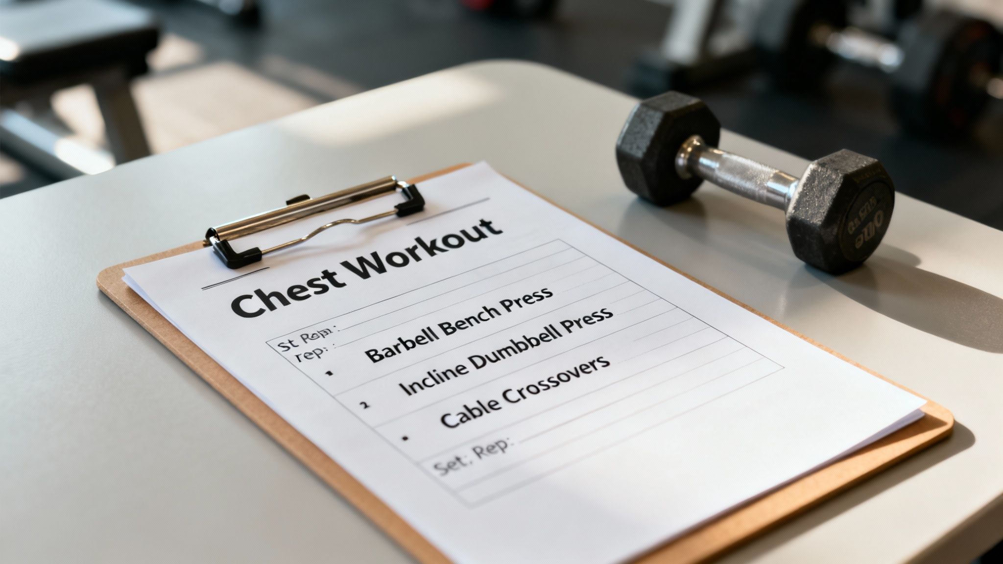 A clipboard displays a 'Chest Workout' plan with exercises, accompanied by a dumbbell on a gym table.