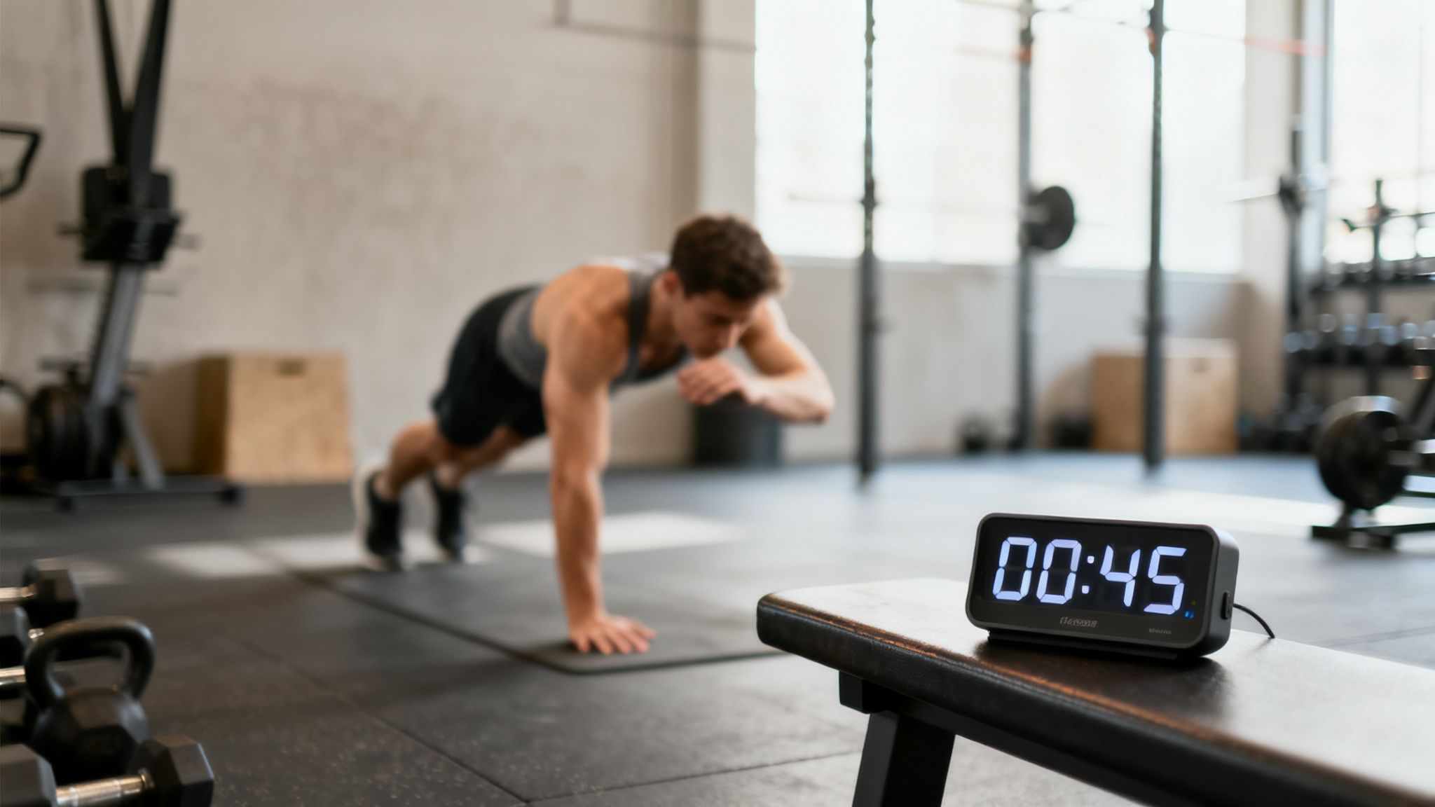 A man doing a calisthenics plank exercise in a gym, with a digital timer showing 00:45 in the foreground.