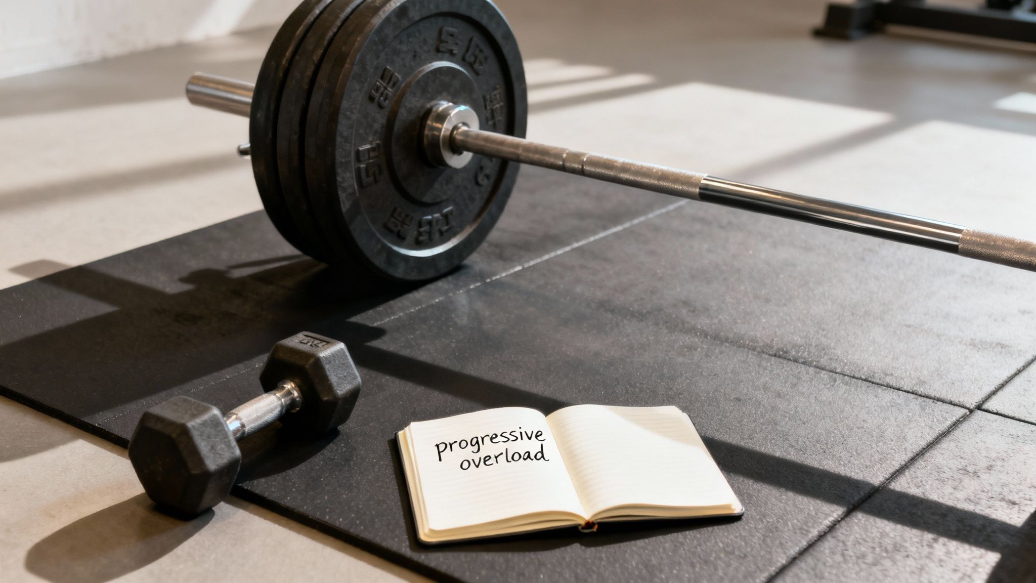 A gym scene with a barbell, dumbbell, and an open notebook displaying 'progressive overload' on a mat.