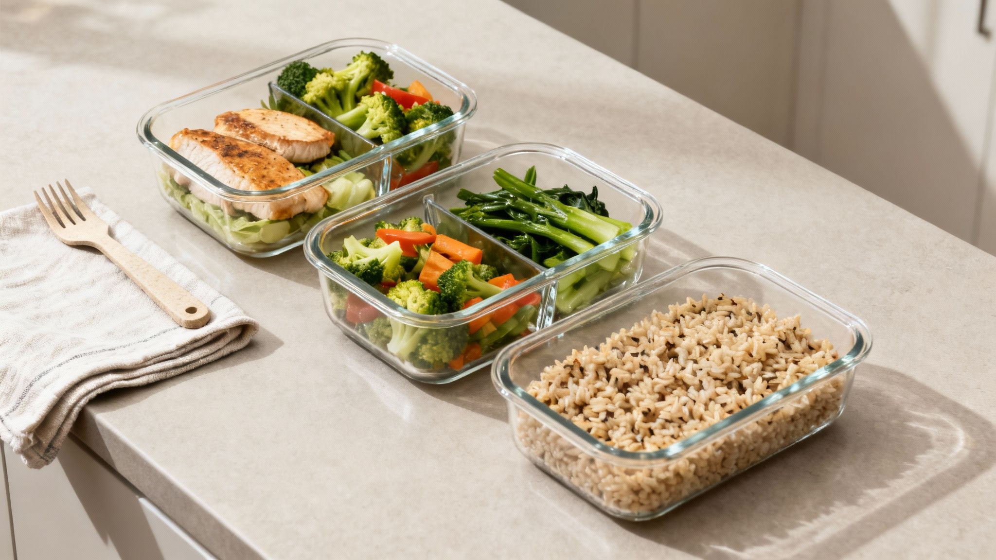 Three glass meal prep containers filled with grilled chicken, varied vegetables, and brown rice on a counter.