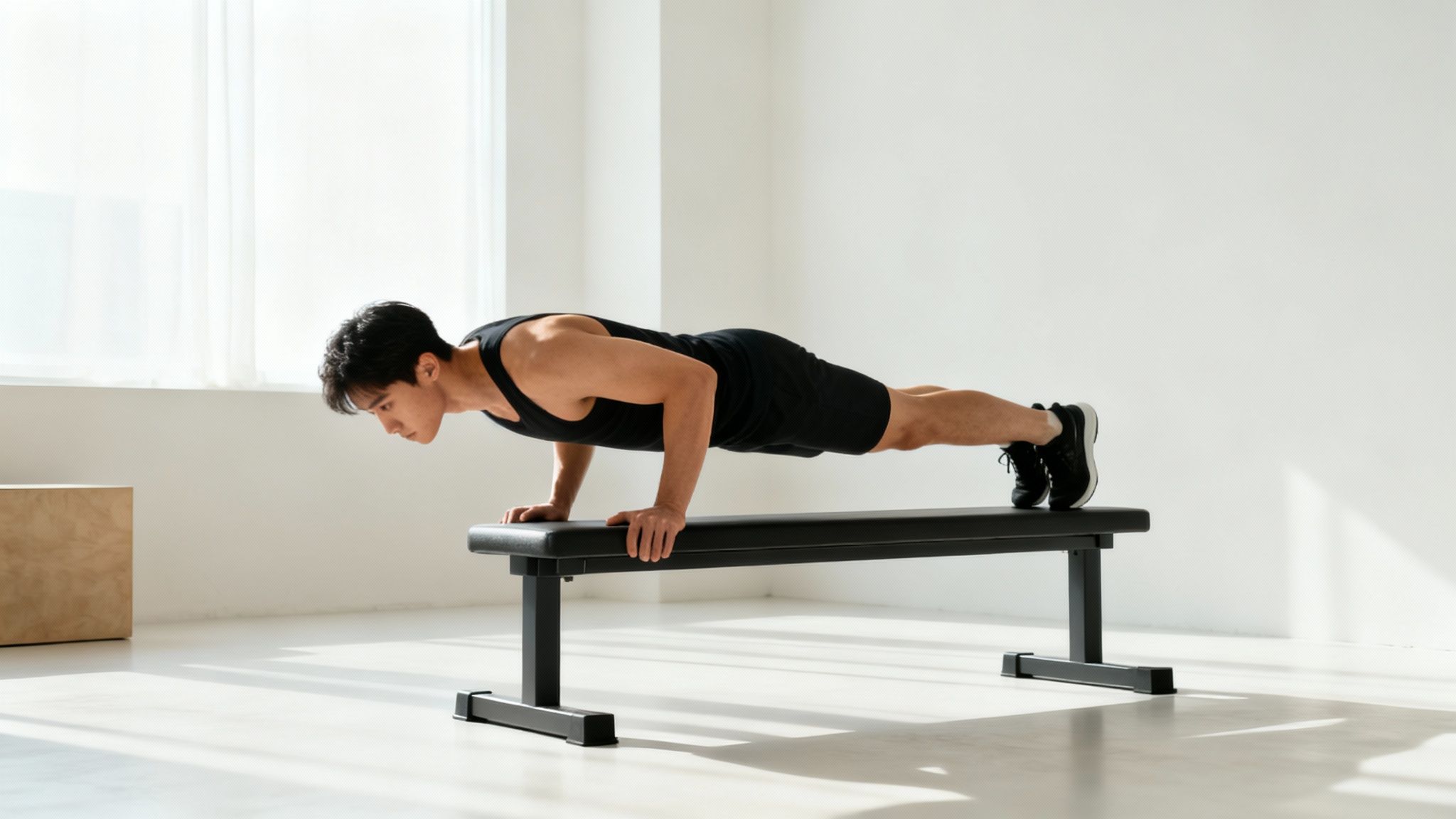 A man in a black tank top performing decline push-ups on a black exercise bench in a bright gym.