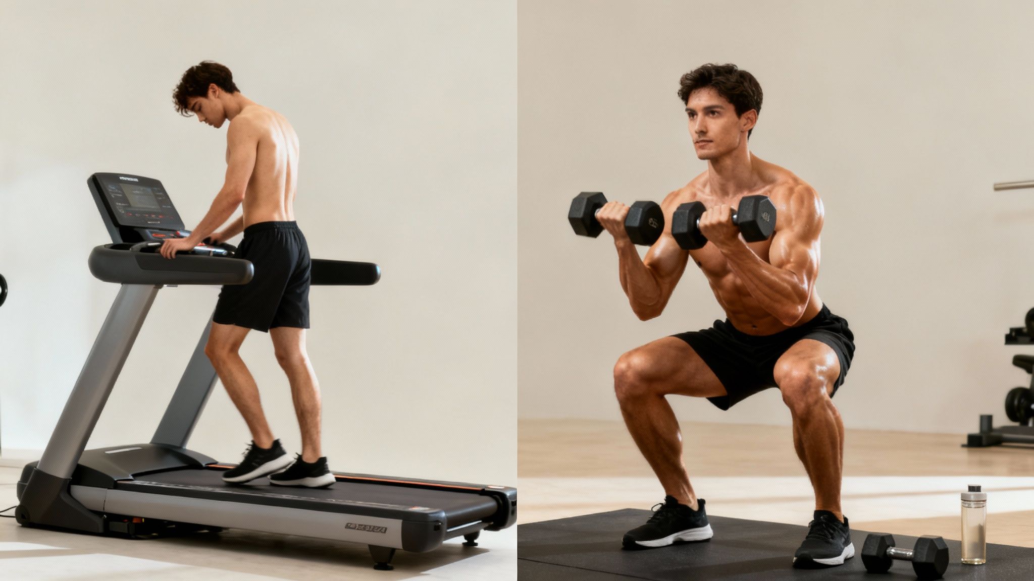 A man exercising, walking on a treadmill and performing dumbbell squats in a gym.