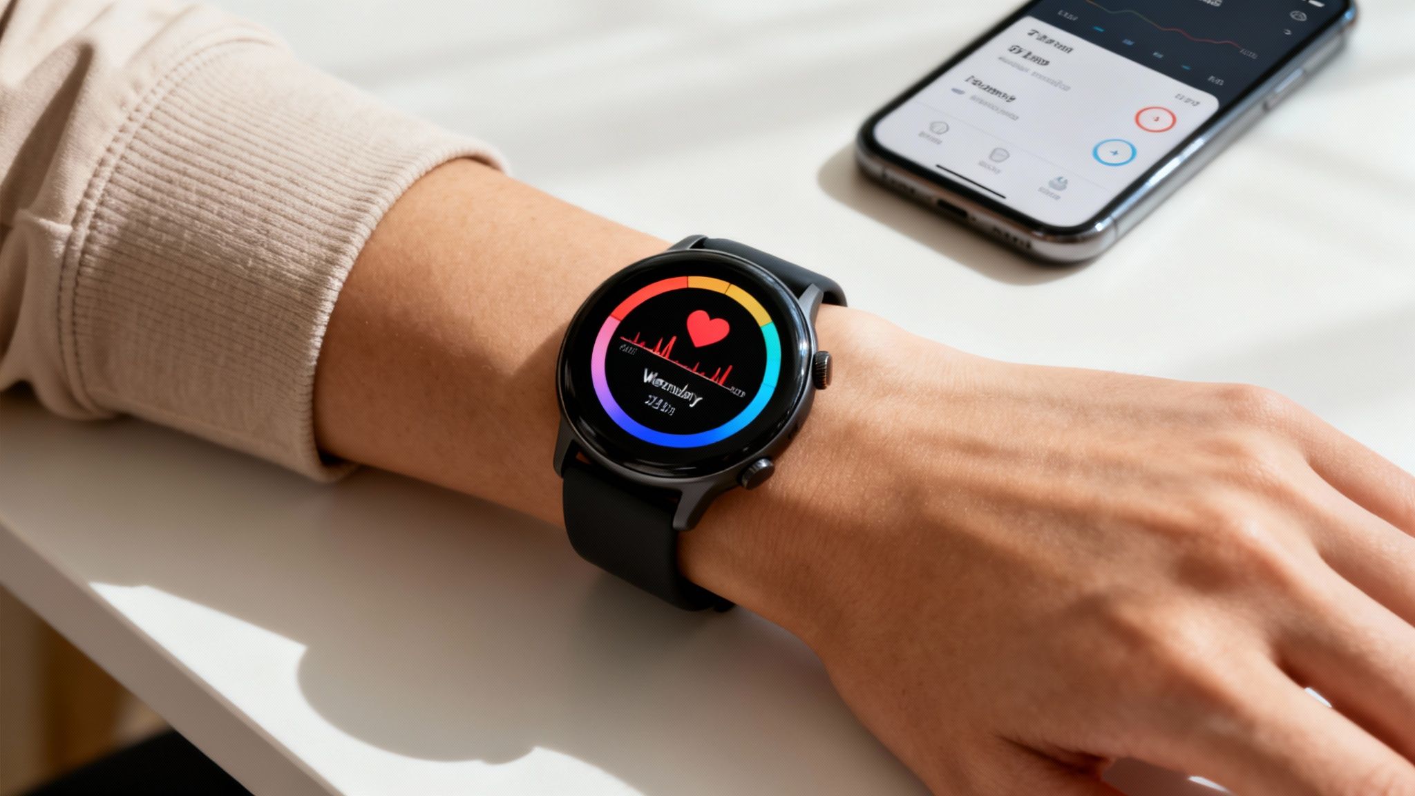 A close-up of a person's wrist wearing a black smartwatch displaying a heart rate monitor.