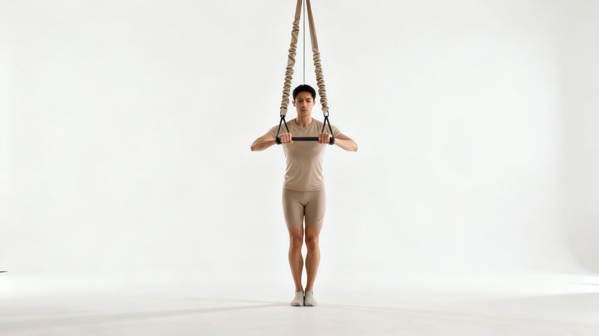 A man in beige athletic wear performing an exercise with suspension training straps against a white background.