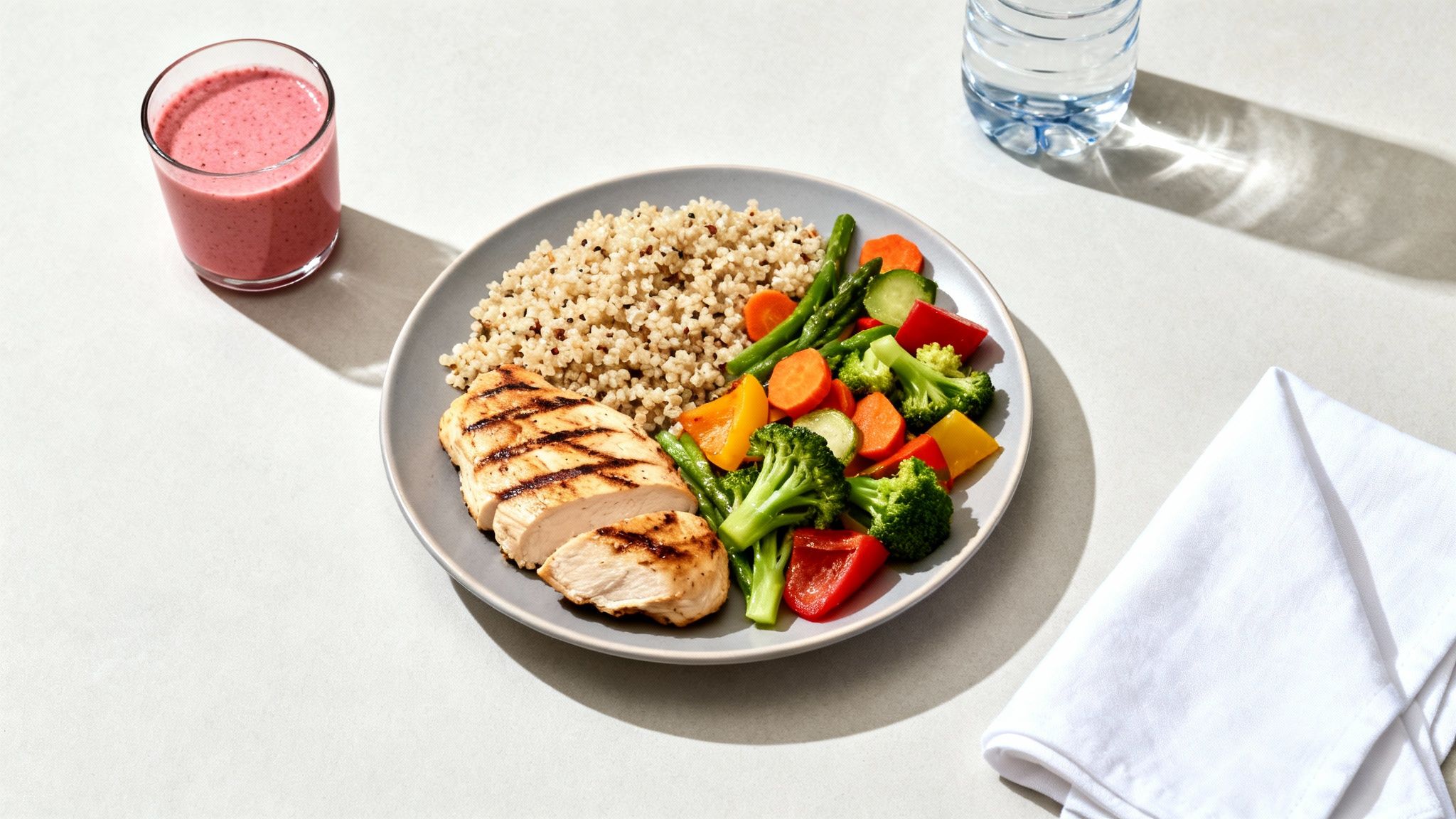 A nutritious meal on a white table featuring grilled chicken, quinoa, colorful vegetables, and a smoothie.