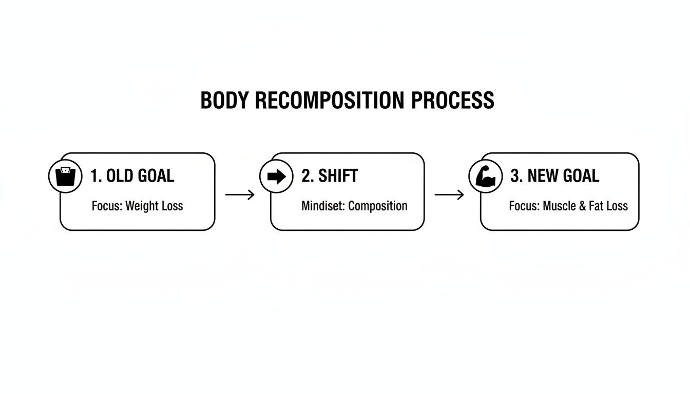 Diagram illustrating the body recomposition process, shifting from weight loss to muscle and fat loss goals.