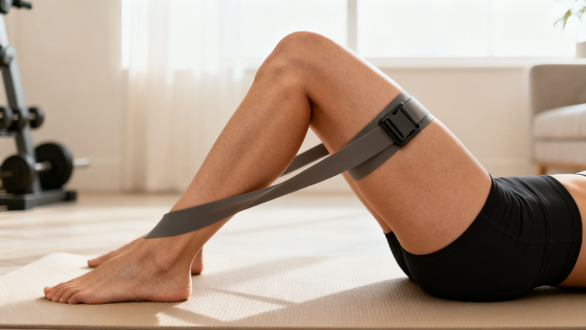 A person lies on a yoga mat, performing leg exercises with a resistance band around their thighs.