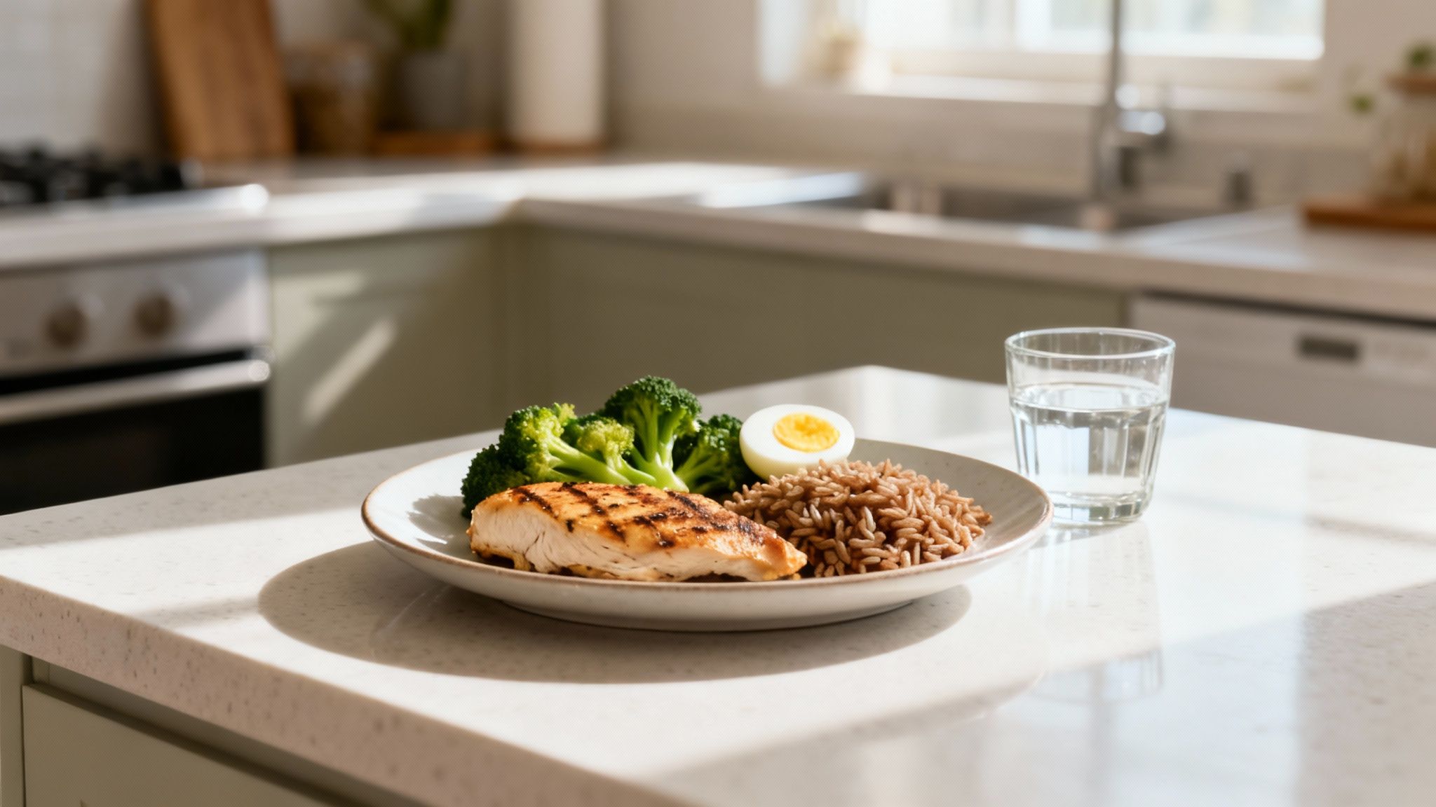 A balanced meal with grilled chicken, broccoli, brown rice, a hard-boiled egg, and water on a kitchen counter.