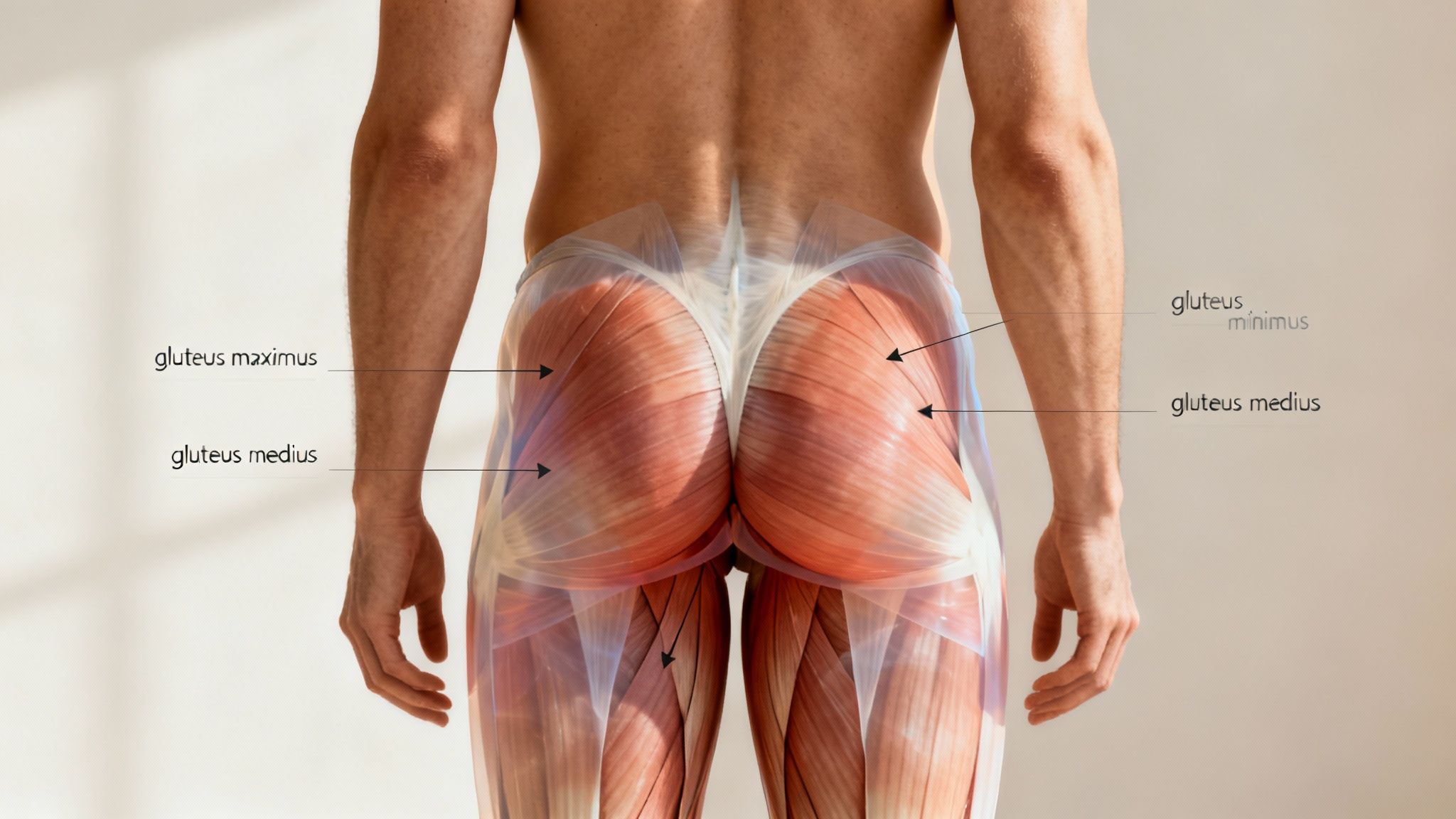 Anatomical posterior view of human gluteal muscles with labels for gluteus maximus, medius, and minimus.