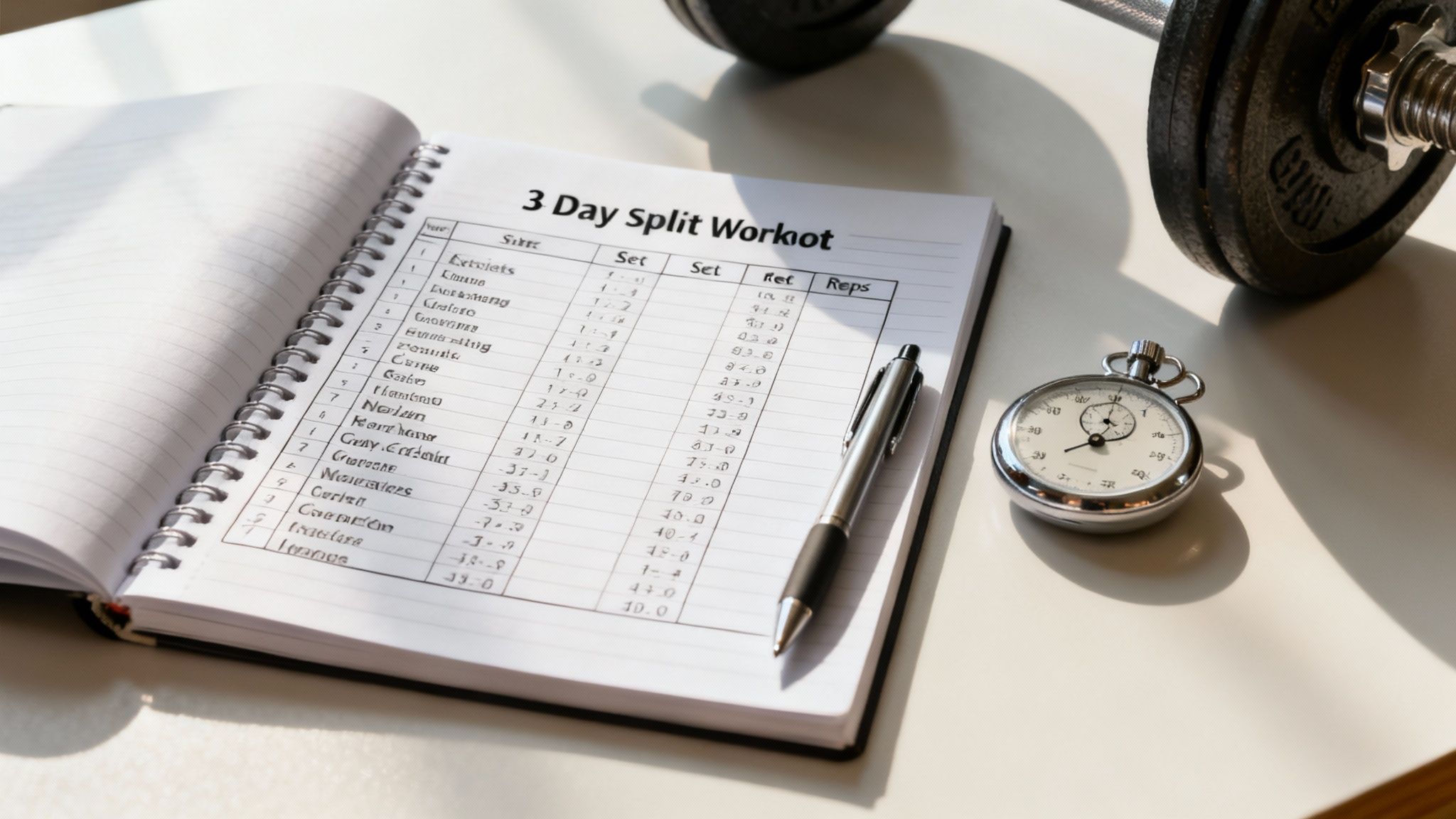 A workout logbook open to a '3 Day Split Workout' page, with a pen, stopwatch, and dumbbell nearby.