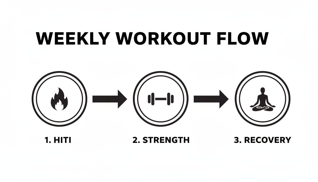 A visual diagram outlining a weekly workout flow: HITI, Strength, and Recovery stages.