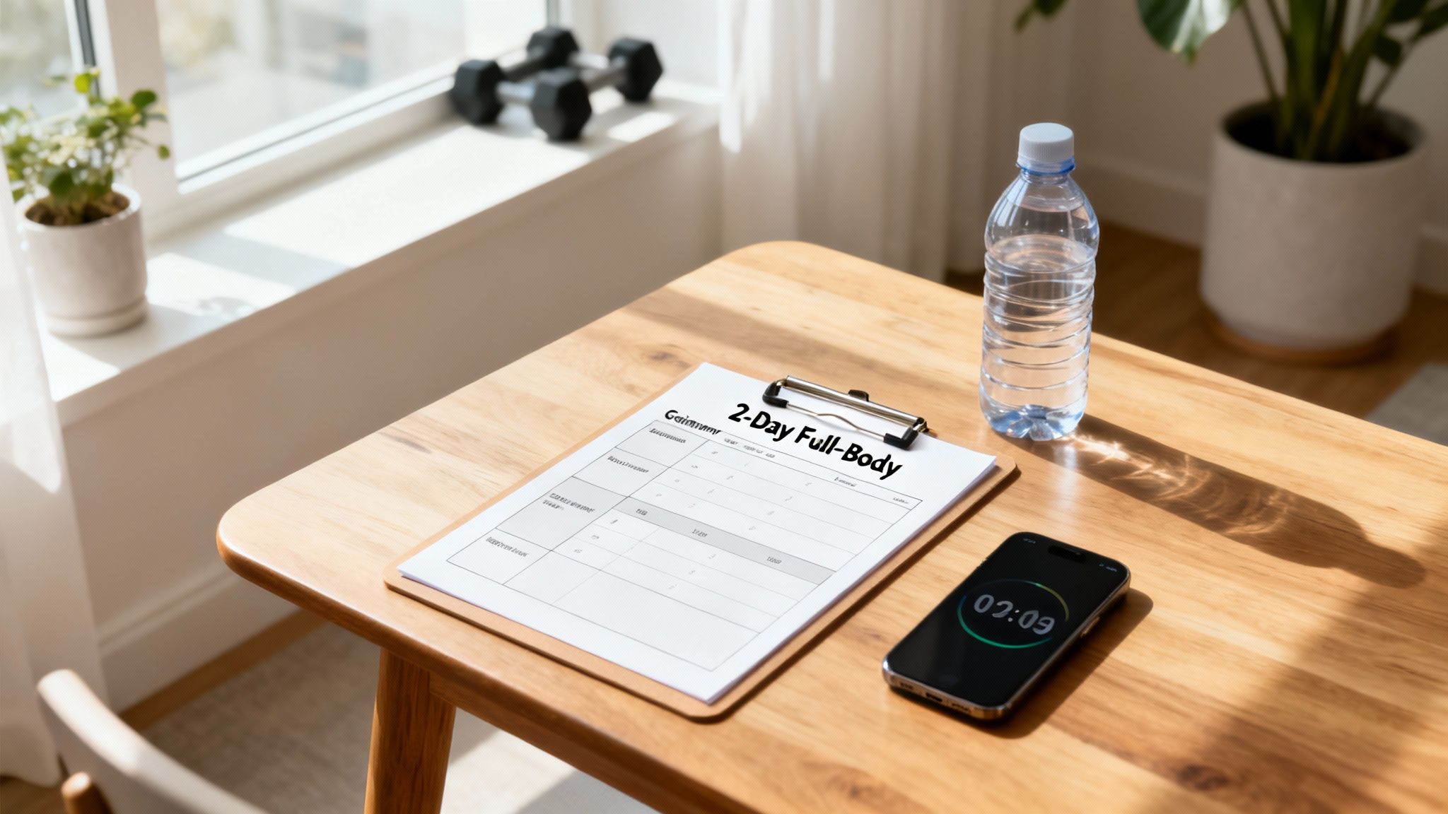 A home fitness setup with a 2-day full-body workout plan, water, and a phone timer on a wooden table.