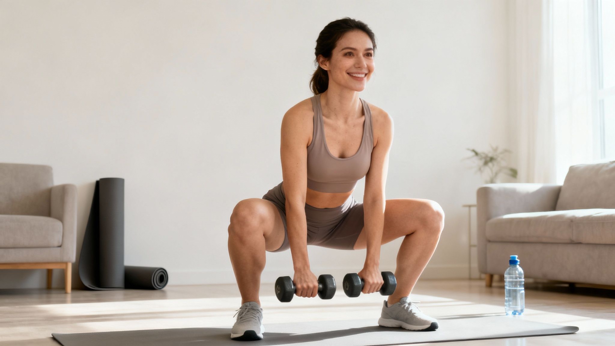 A smiling woman squats with dumbbells on a mat in a bright living room, exercising indoors.