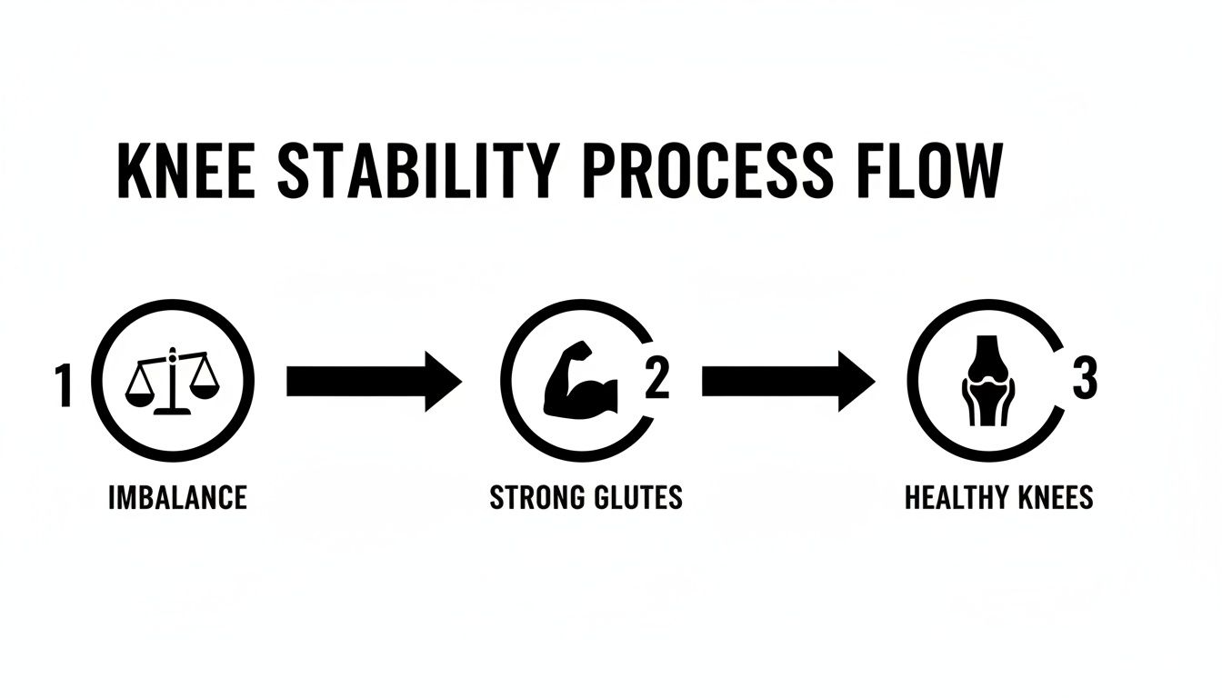 Diagram showing the knee stability process: imbalance, strong glutes, leading to healthy knees.