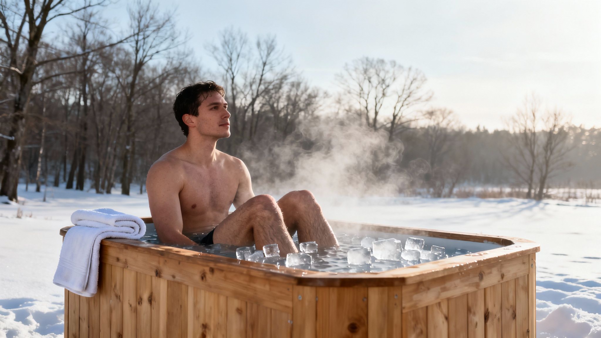 Young man takes an ice bath in a wooden tub outdoors, surrounded by snow and trees.