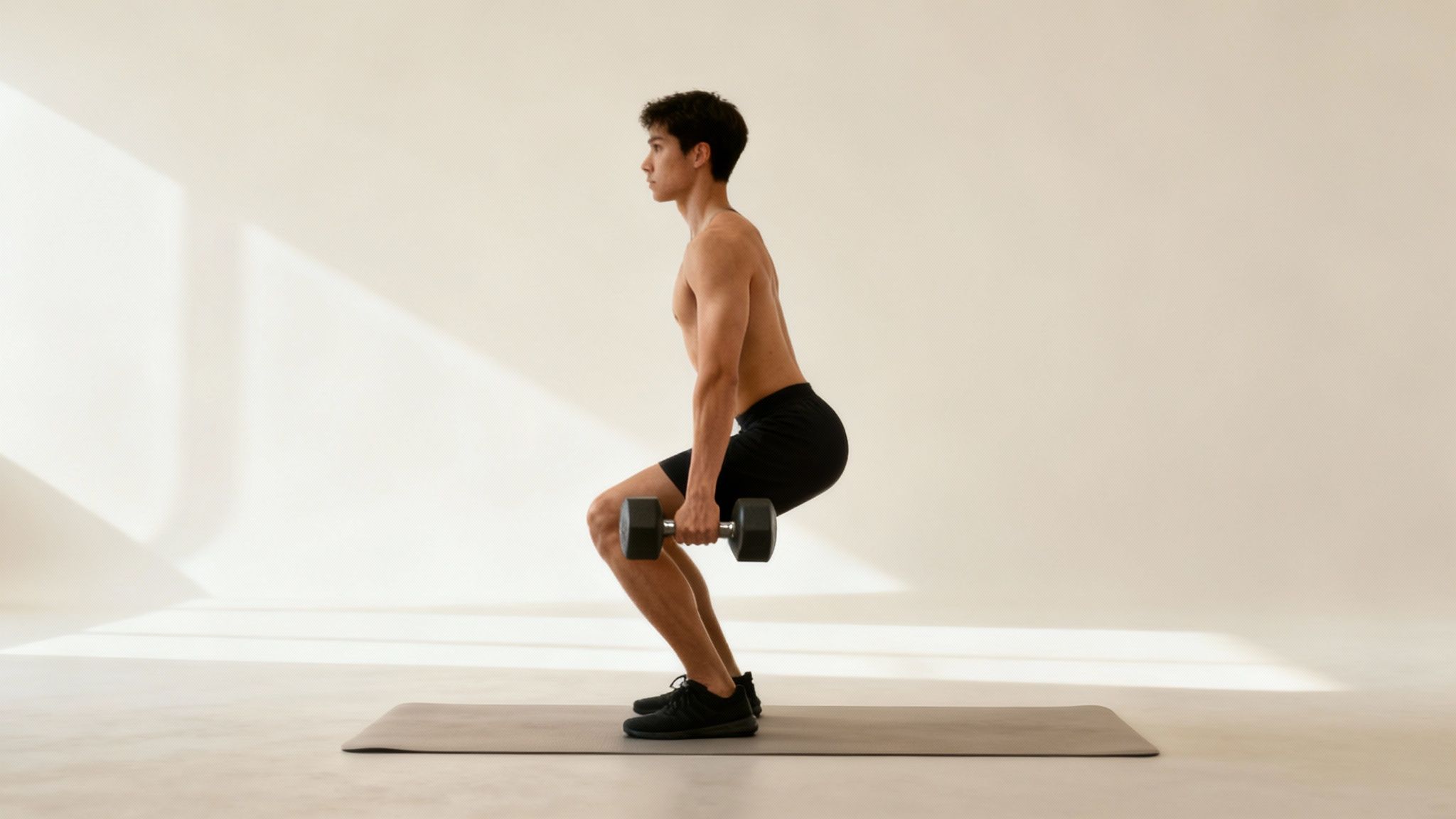 A young man holds a dumbbell while performing a squat on a mat, illuminated by natural light.