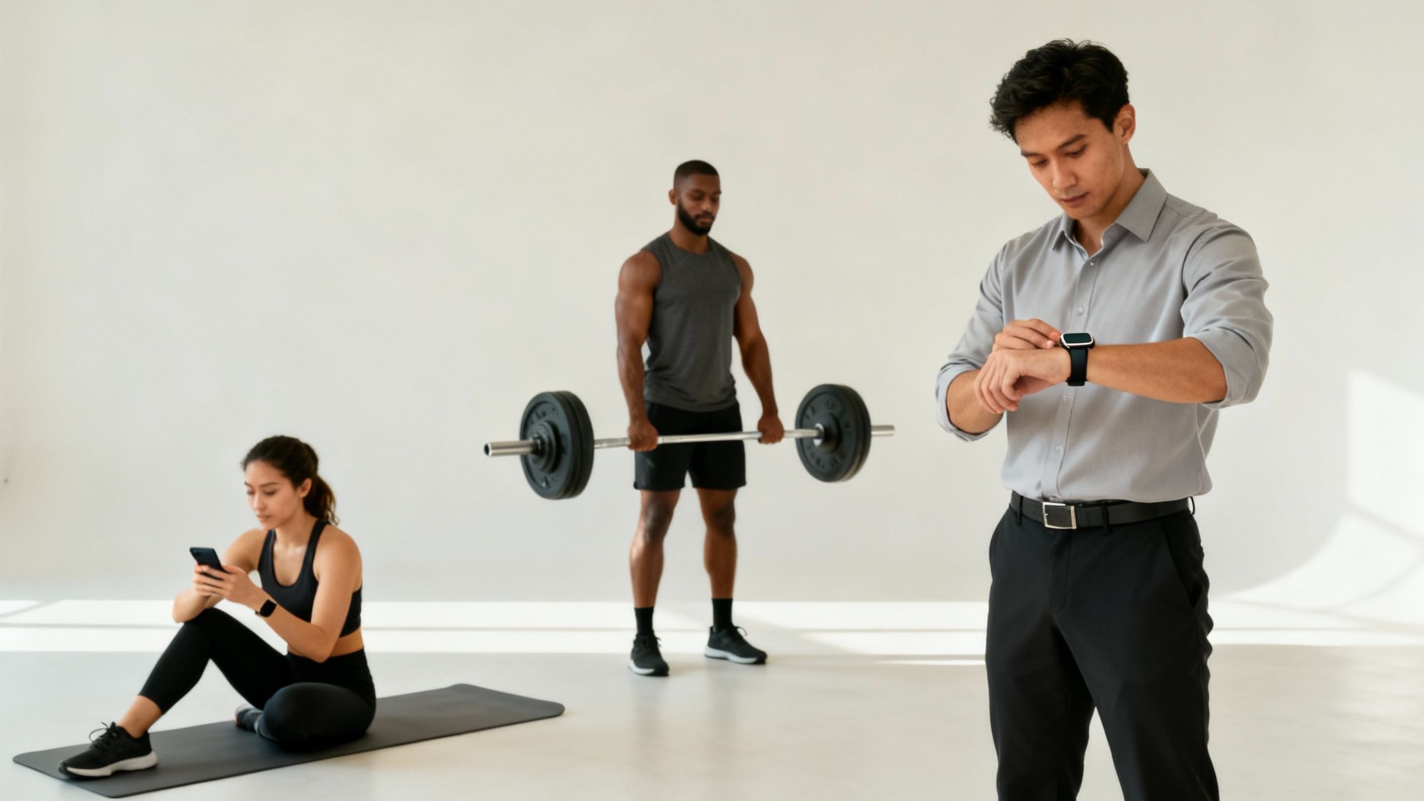 Diverse people in a gym, one man checking smartwatch, a woman on phone, and another man lifting weights.