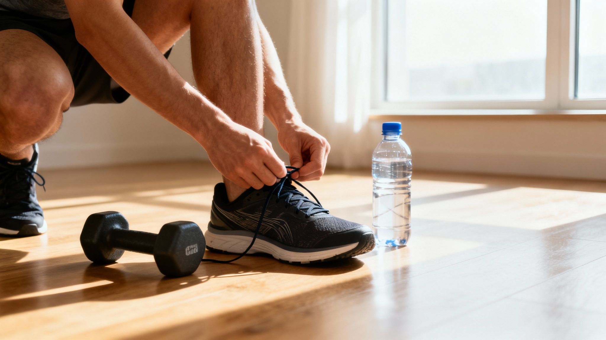 A person ties shoelaces on a black athletic shoe, with a dumbbell and water bottle on a wooden floor.