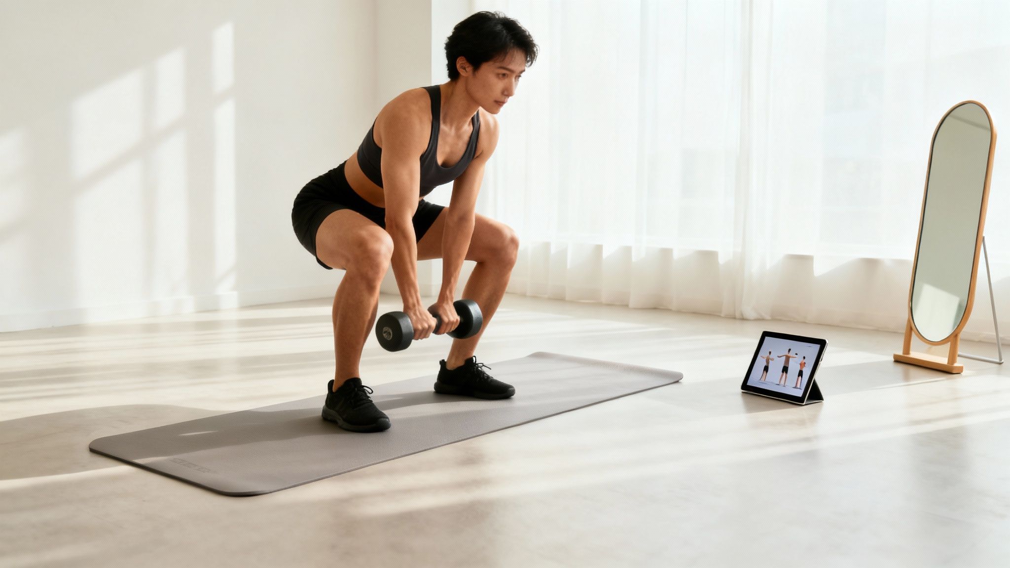 An athletic person performs dumbbell squats, following a fitness routine on a tablet in a bright room.