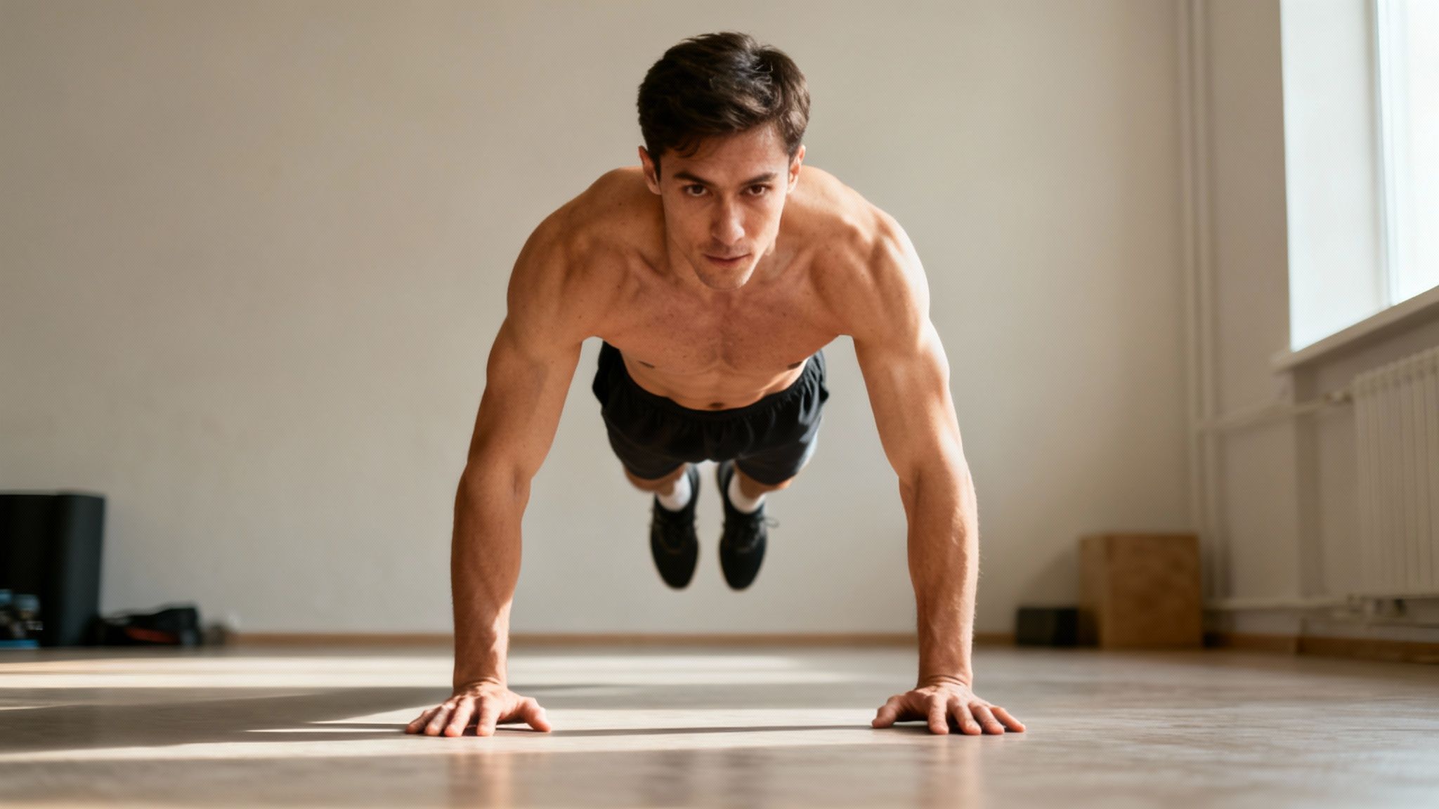 Shirtless man performing a push-up exercise on a wooden floor, looking directly at the camera.