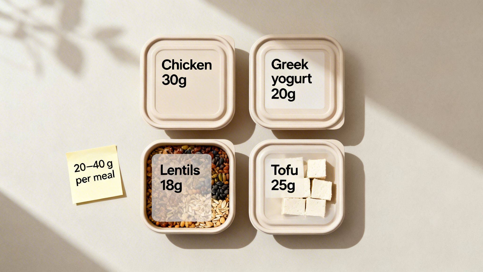 Four containers displaying various protein sources: chicken, Greek yogurt, lentils, and tofu, with a note for 20-40g per meal.