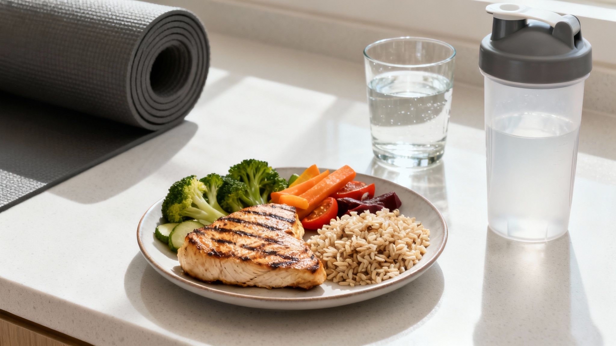 A balanced post-workout meal of grilled fish, vegetables, brown rice, water, and a yoga mat.