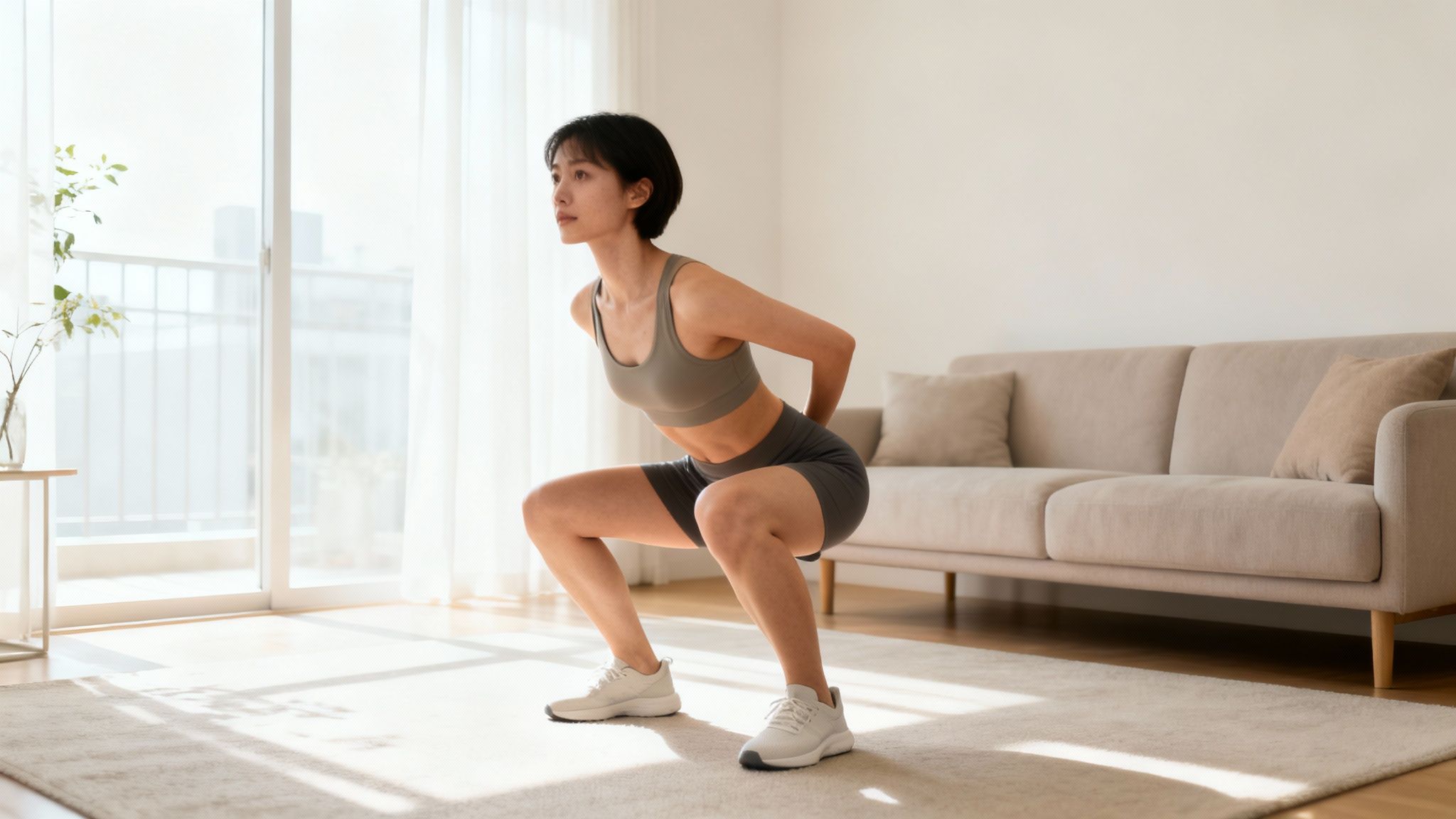 Young Asian woman in athletic wear performing squats in a bright living room, exercising at home.